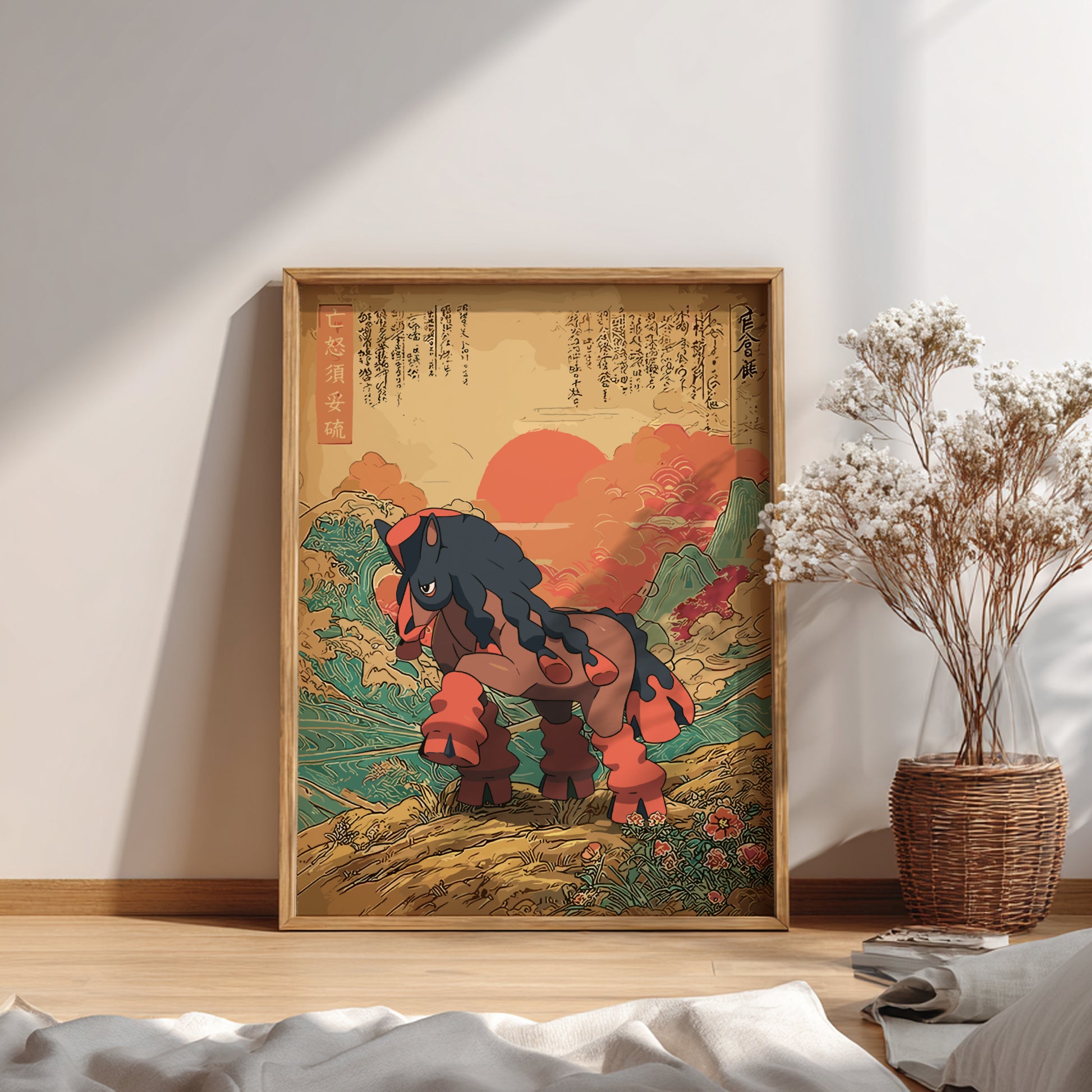 Framed artwork of Mudsdale Pokemon in a scenic setting on a wall.