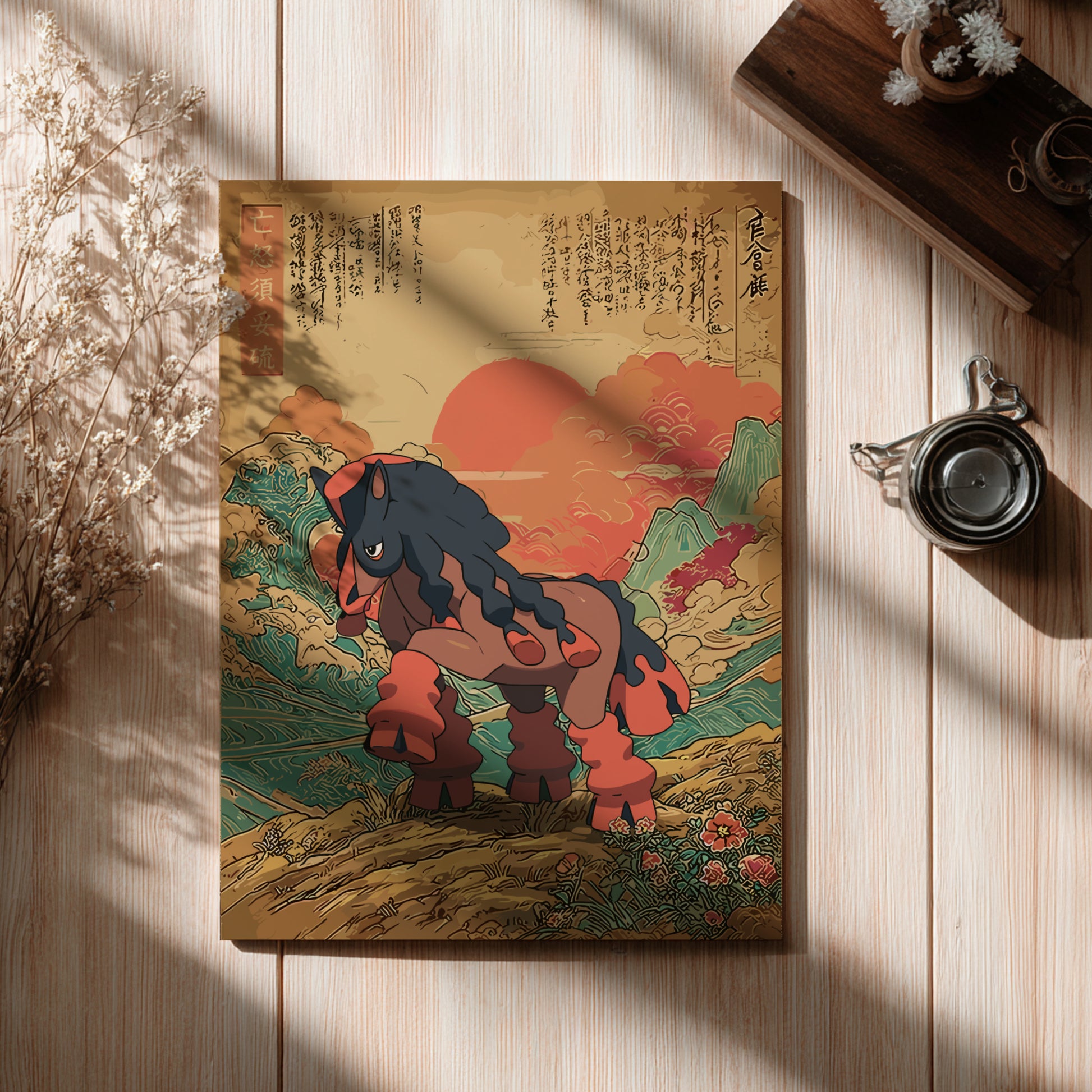 Poster with a colorful illustration of Mudsdale Pokemon on a wooden surface.