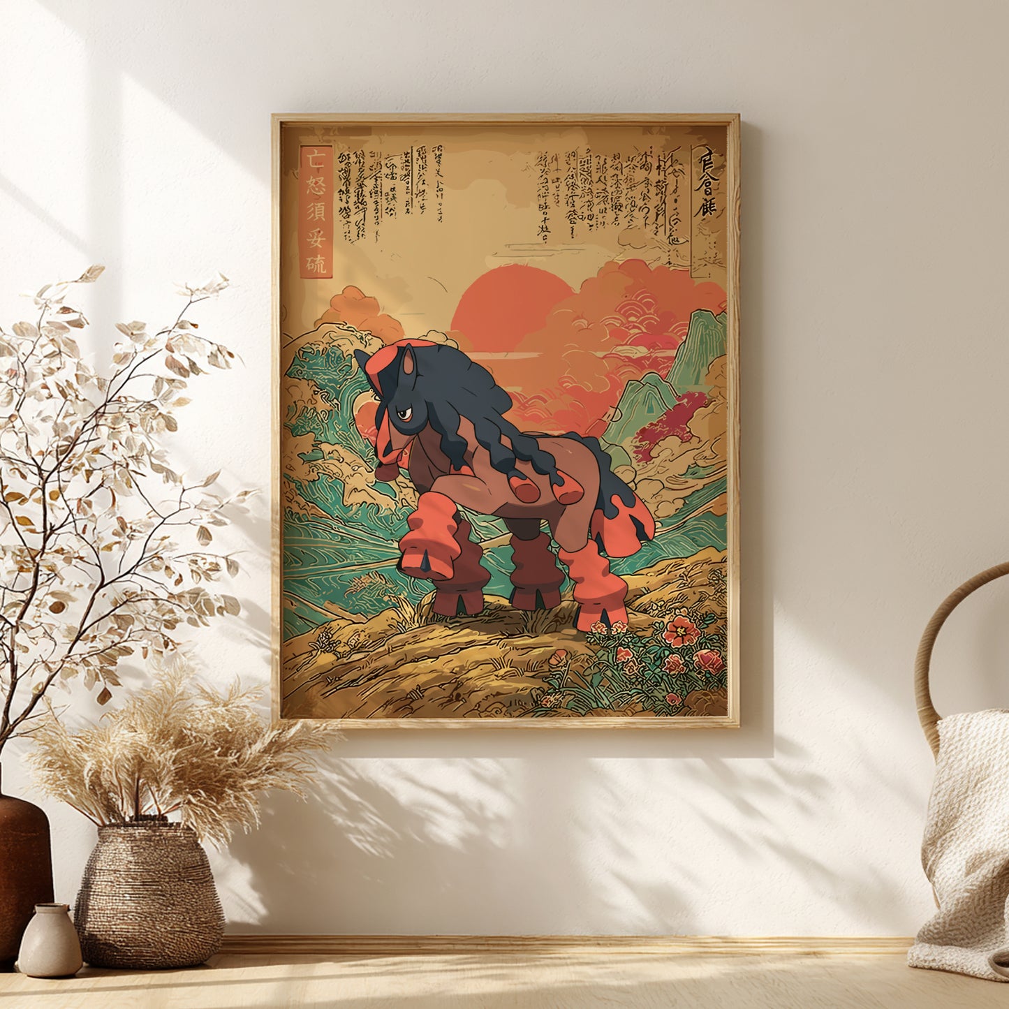 Framed artwork of Mudsdale Pokemon in a scenic landscape on a wall with decorative elements.
