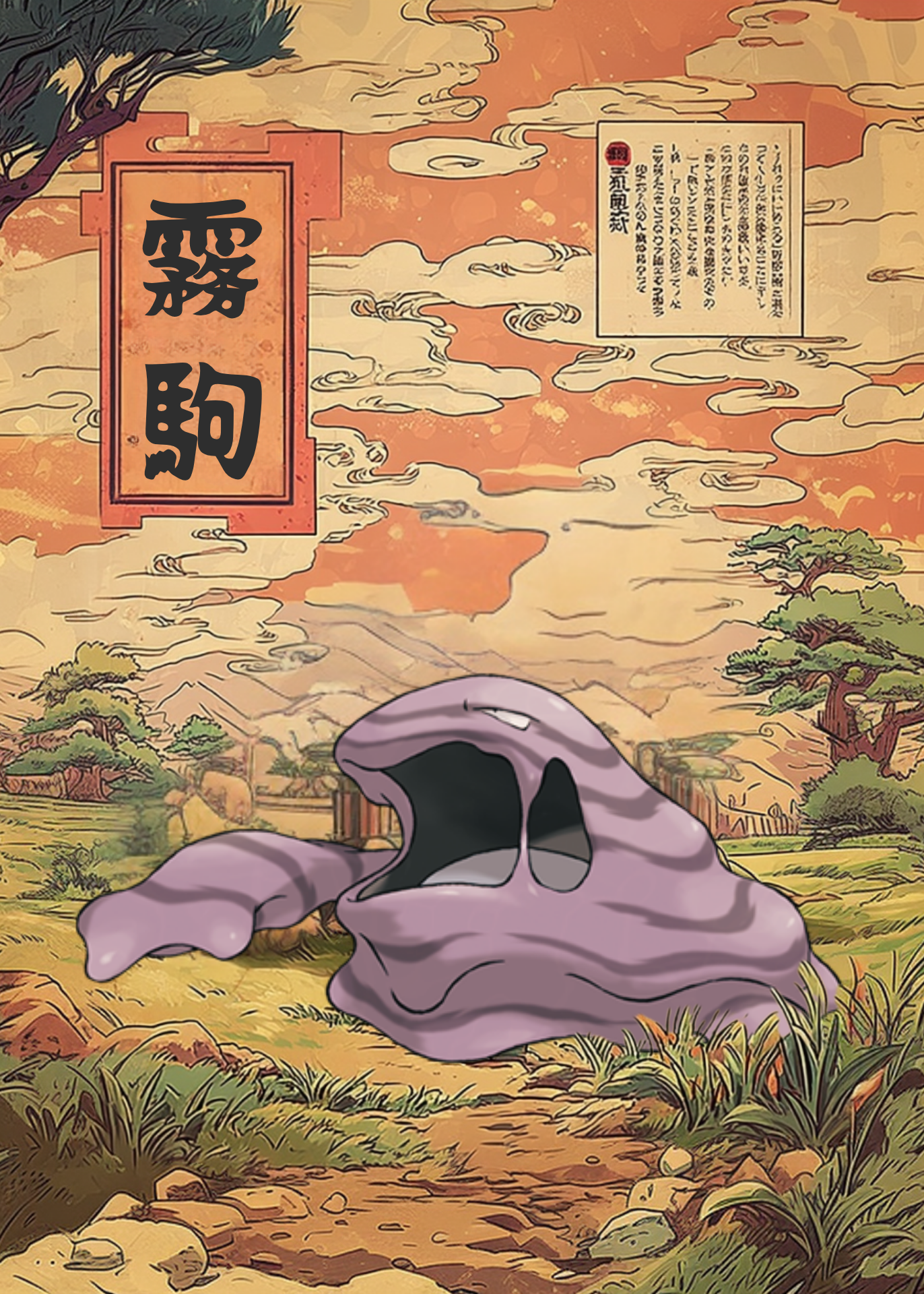 Muk Pokemon in a landscape with traditional Japanese elements