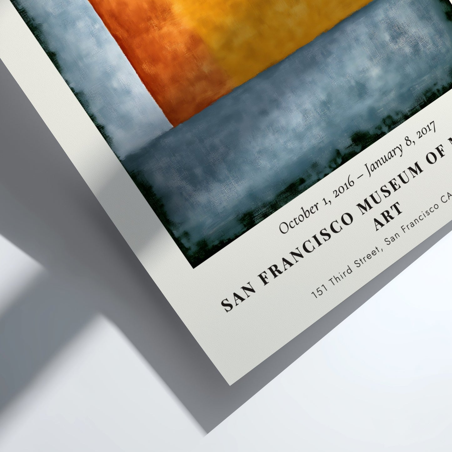 Wall art poster featuring Mark Rothko Multiforms exhibition with orange and blue shapes.