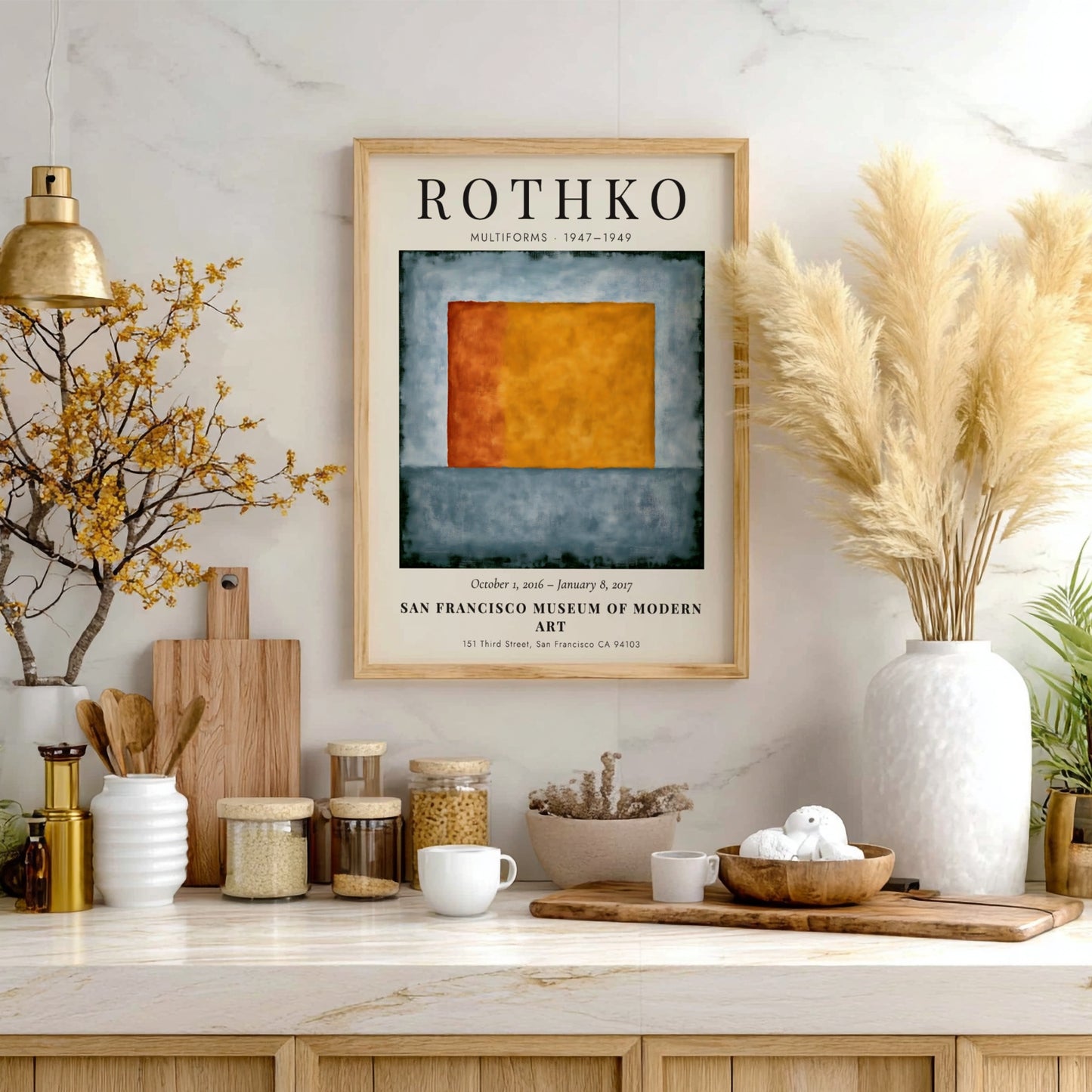 Wall art poster featuring Mark Rothko Multiforms exhibition with orange and blue shapes.