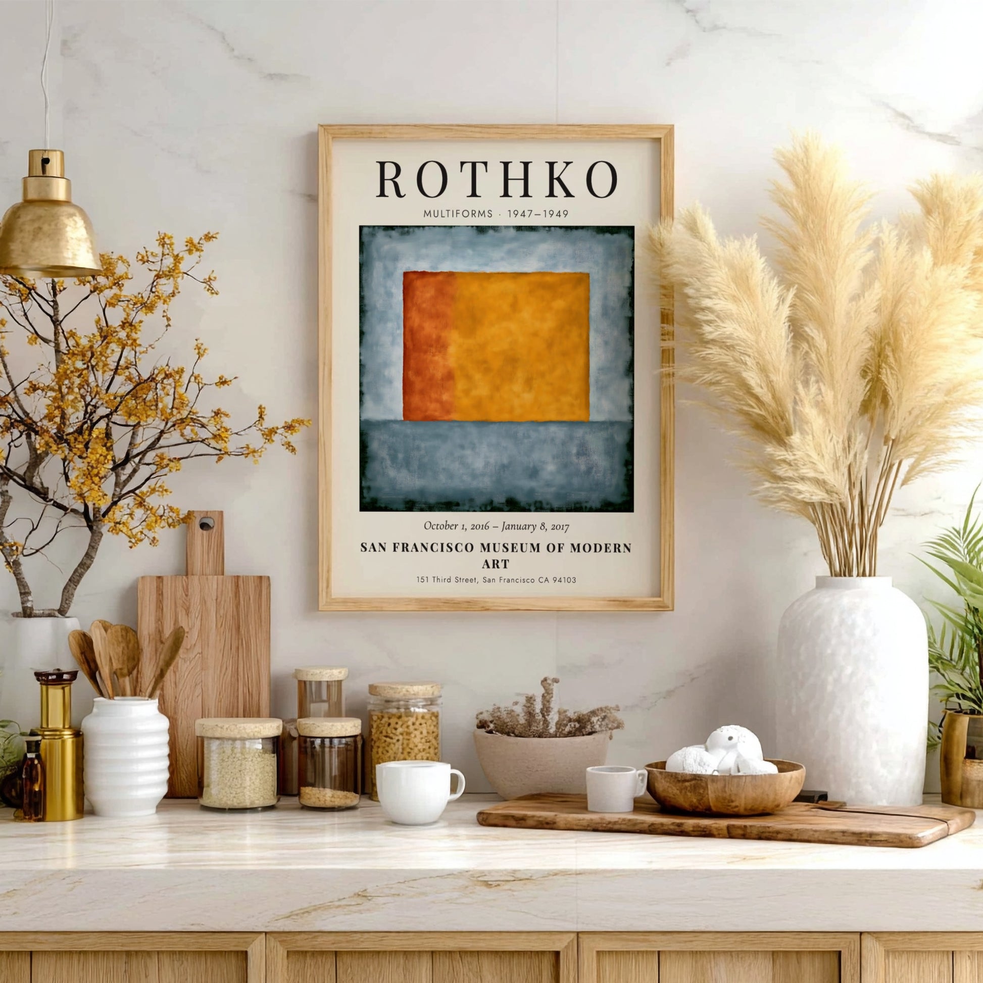 Wall art poster featuring Mark Rothko Multiforms exhibition with orange and blue shapes.