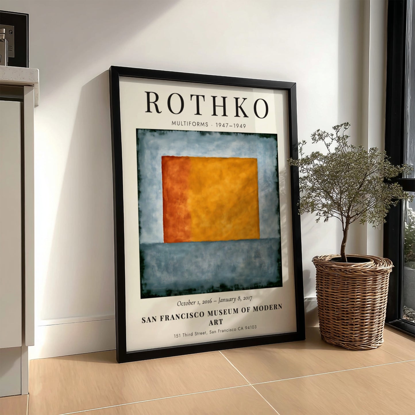 Wall art poster featuring Mark Rothko Multiforms exhibition with orange and blue shapes.