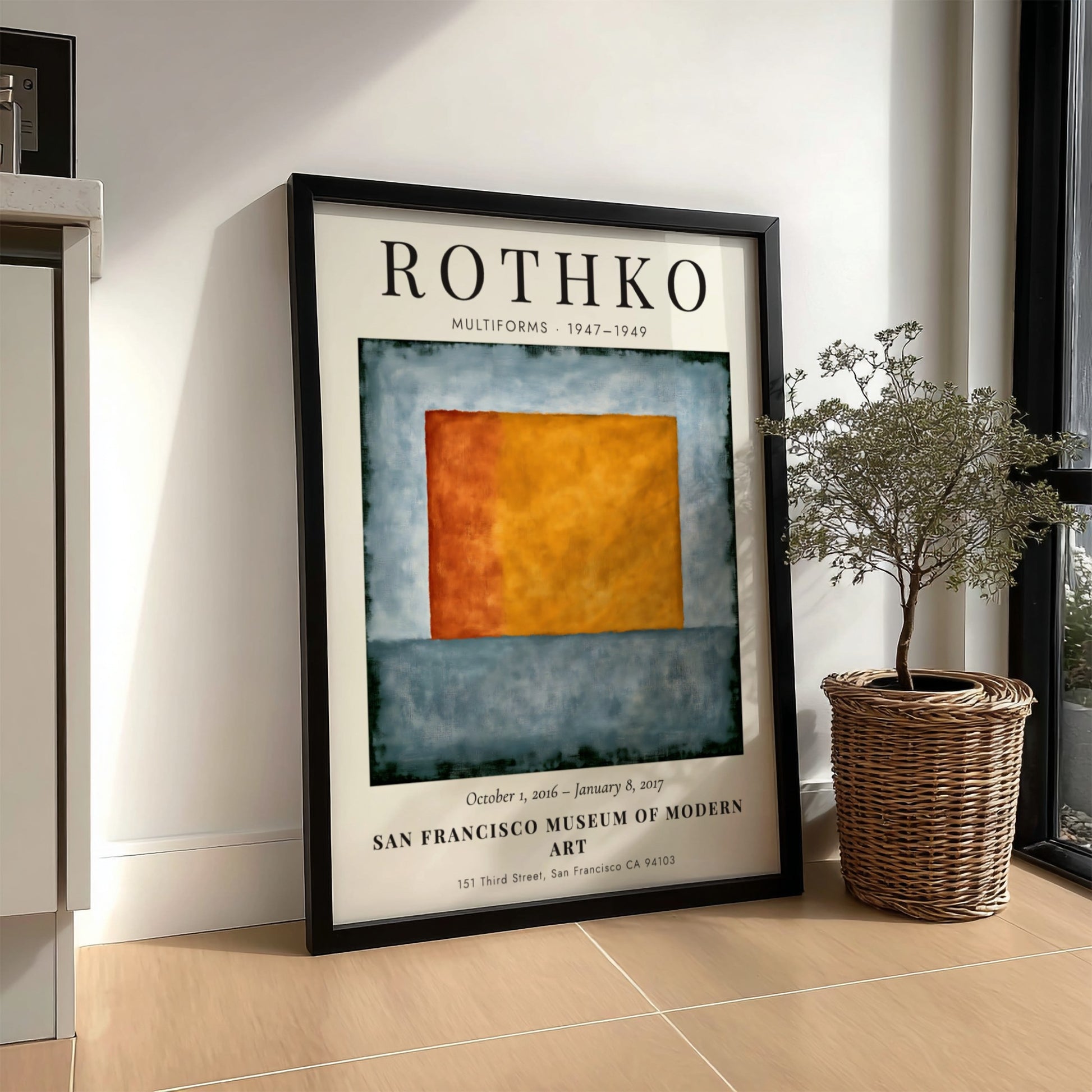 Wall art poster featuring Mark Rothko Multiforms exhibition with orange and blue shapes.