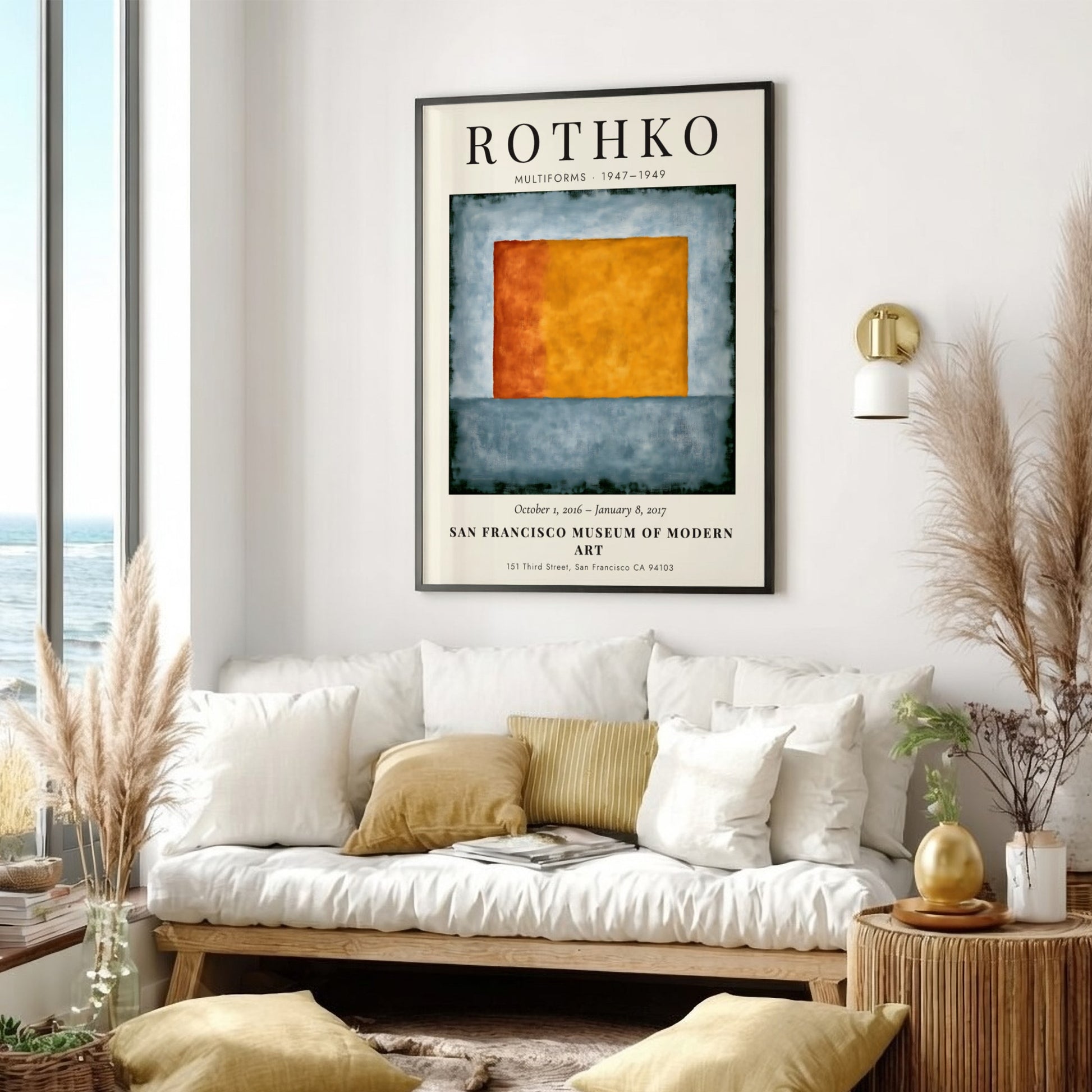 Wall art poster featuring Mark Rothko Multiforms exhibition with orange and blue shapes.