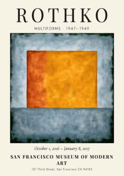 Wall art poster featuring Mark Rothko Multiforms exhibition with orange and blue shapes.
