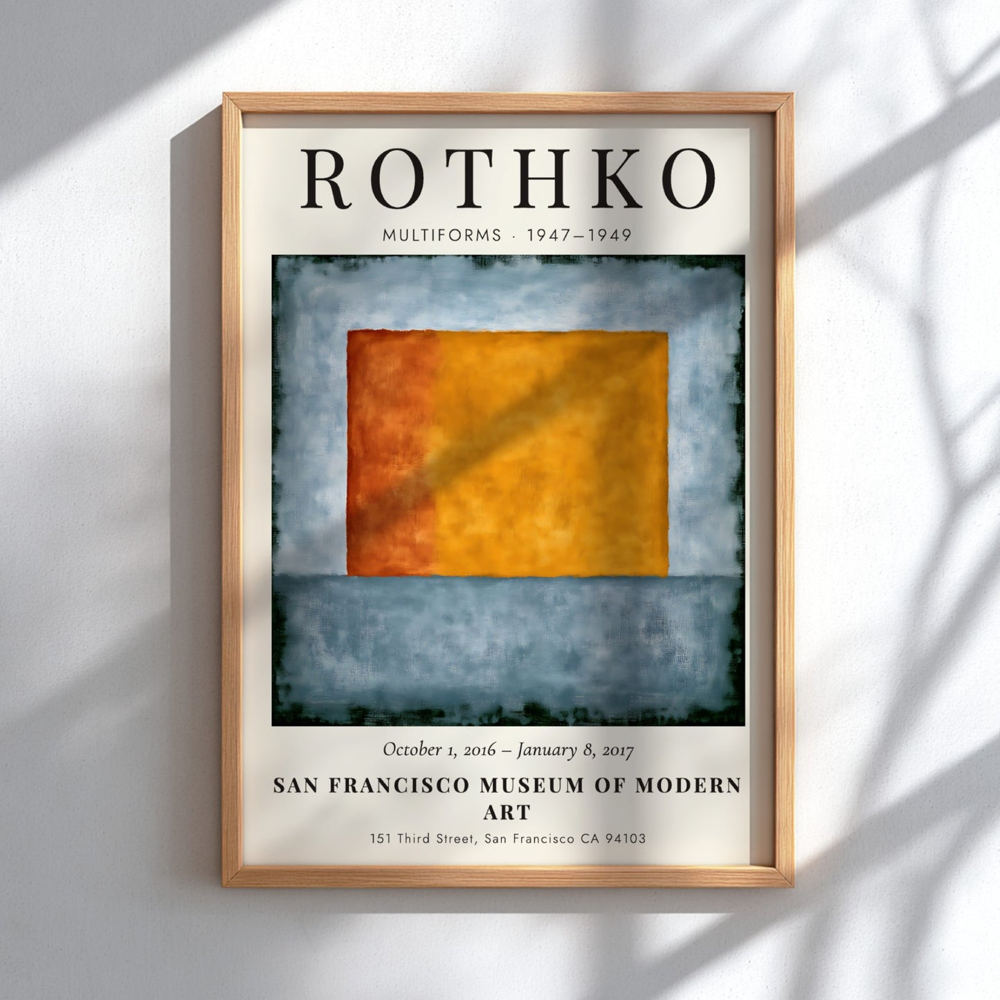 Wall art poster featuring Mark Rothko Multiforms exhibition with orange and blue shapes.