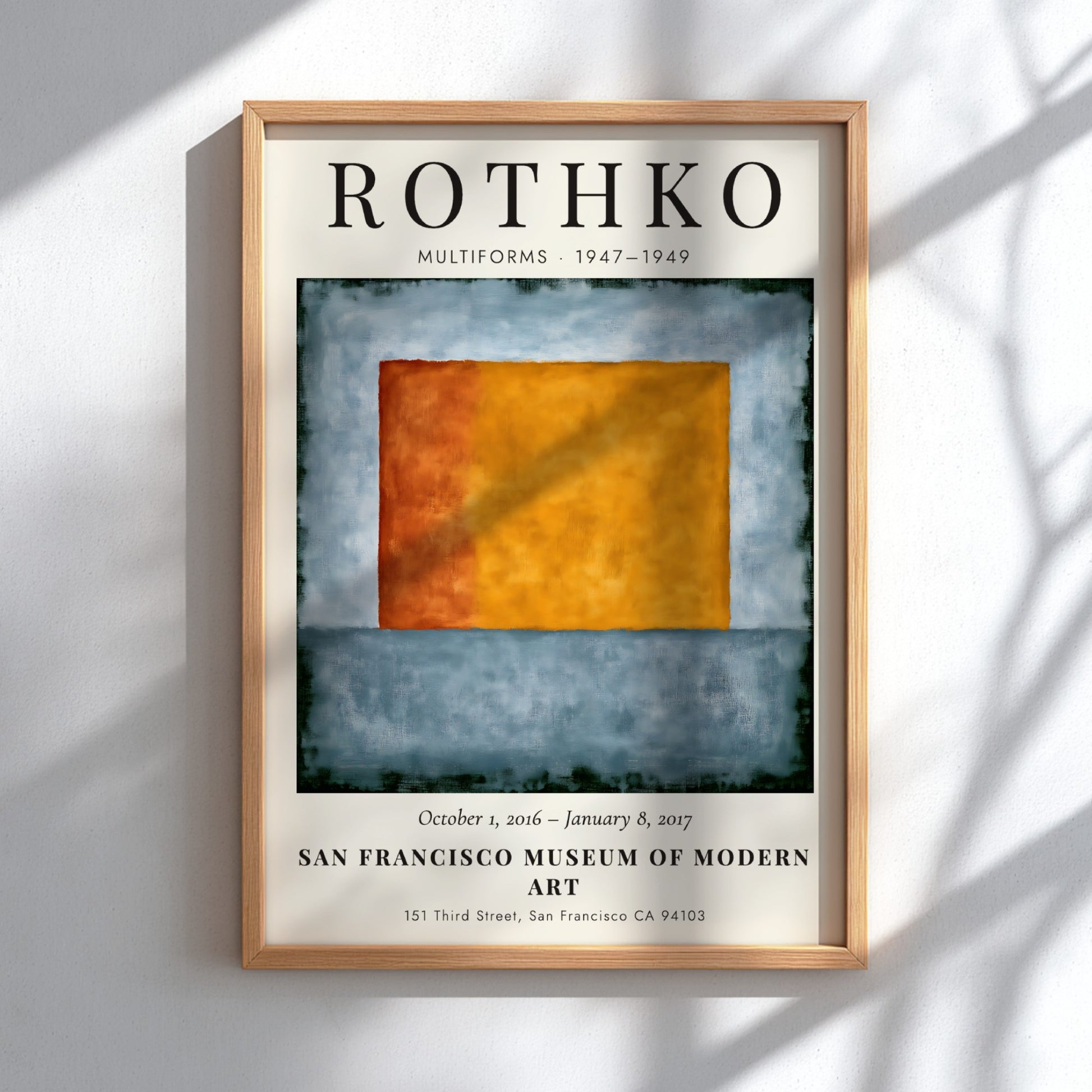 Wall art poster featuring Mark Rothko Multiforms exhibition with orange and blue shapes.