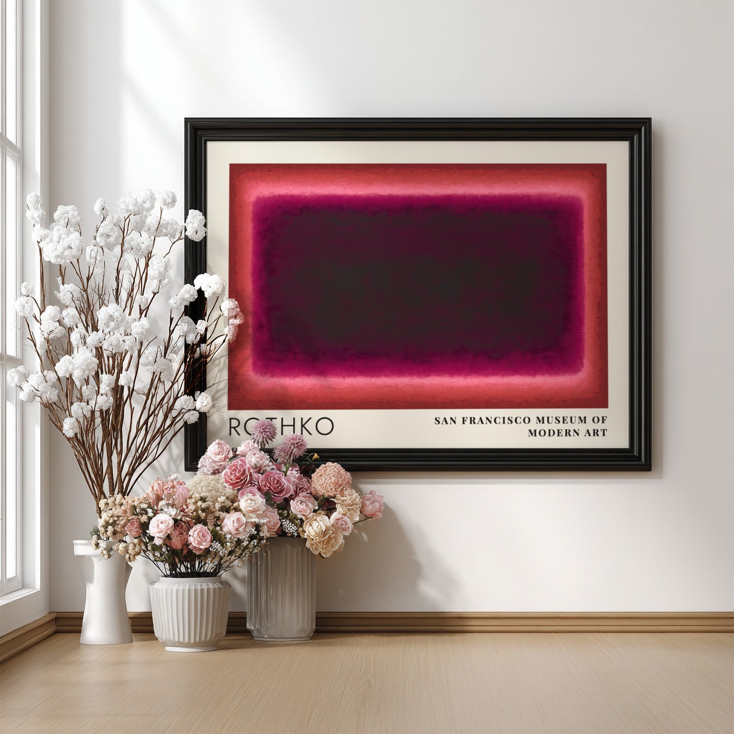 Wall art poster featuring Mark Rothko Multiforms abstract shapes in shades of deep red.