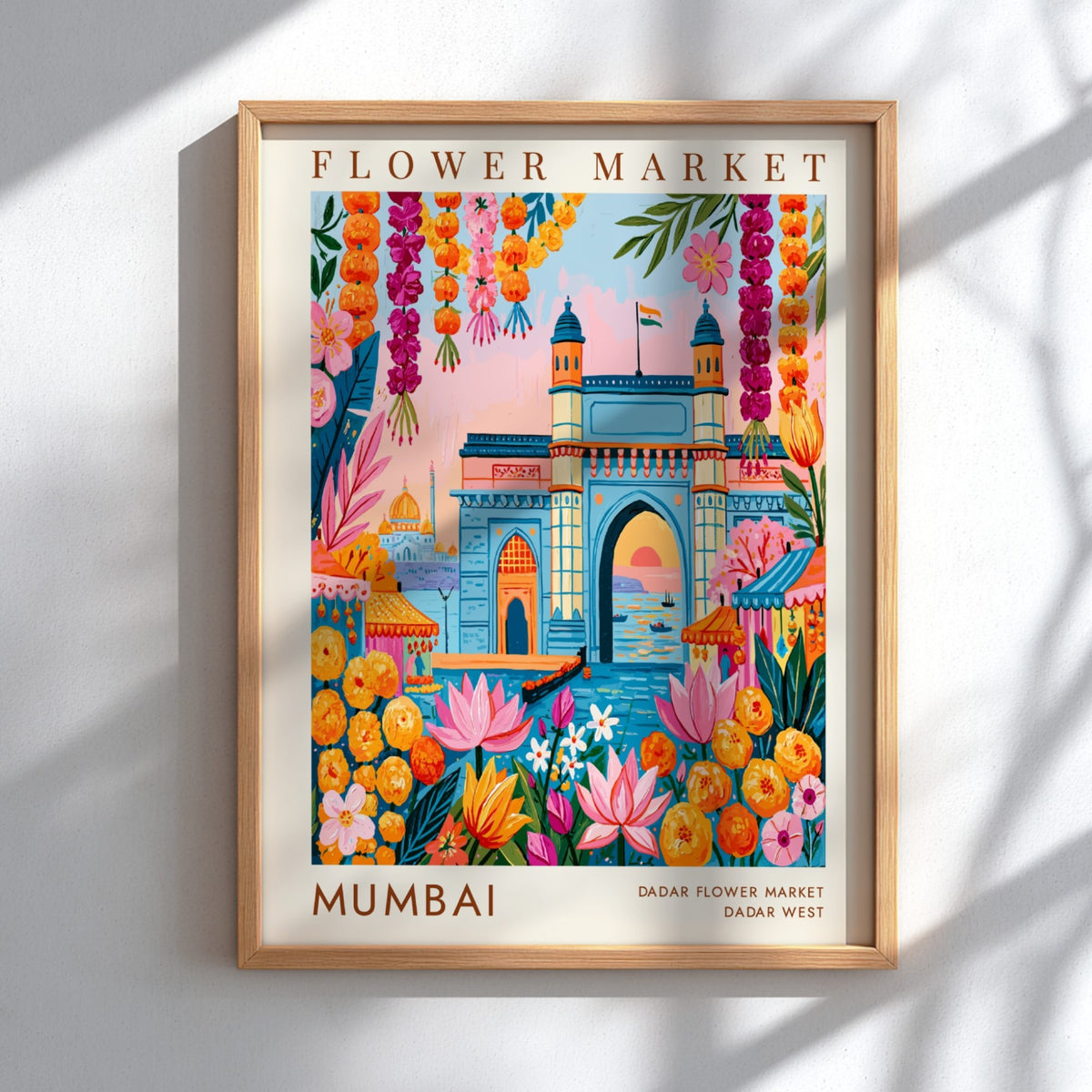 Flower market poster featuring vibrant colors and Mumbai cityscape