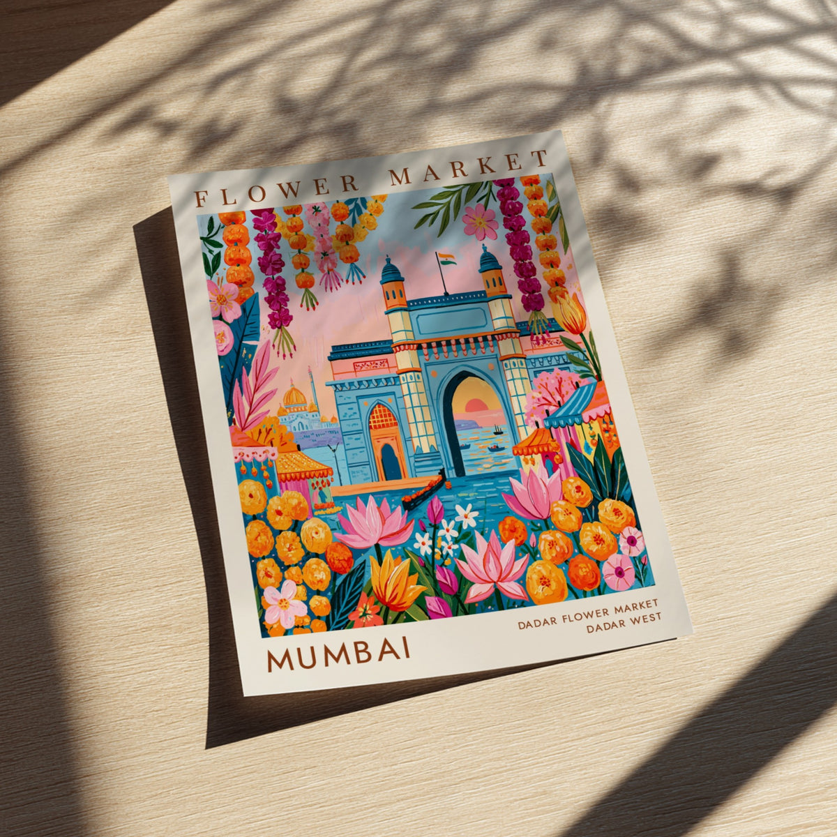 Flower market poster featuring vibrant colors and Mumbai cityscape