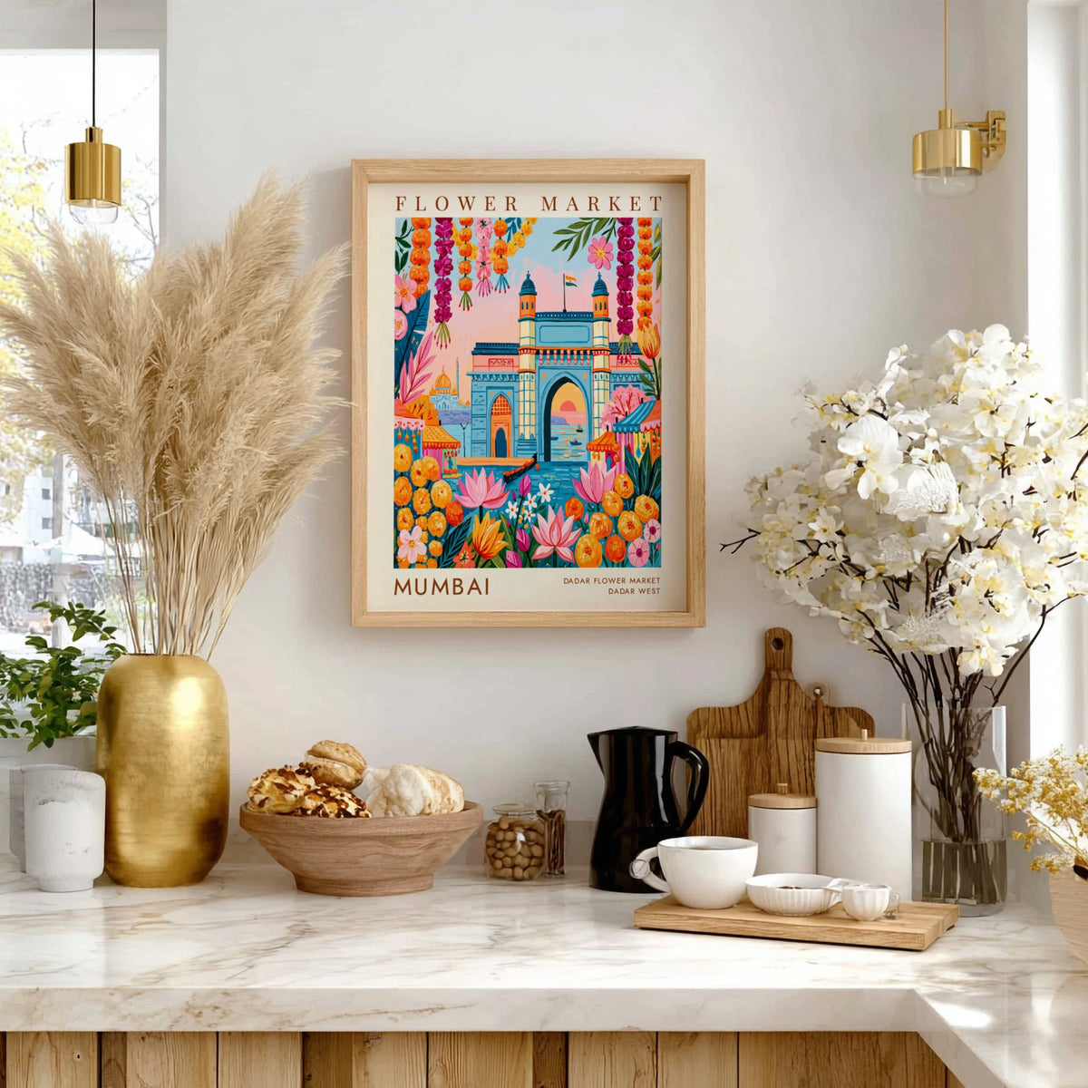 Flower market poster featuring vibrant colors and Mumbai cityscape