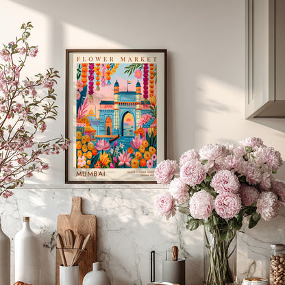 Flower market poster featuring vibrant colors and Mumbai cityscape