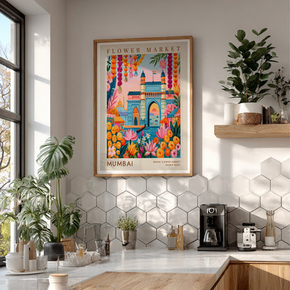 Flower market poster featuring vibrant colors and Mumbai cityscape