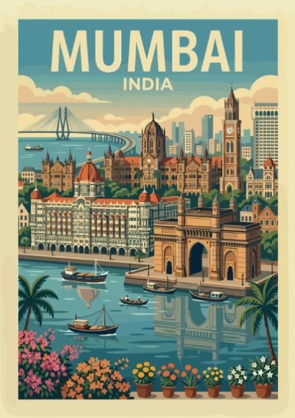 Mumbai India vintage travel poster with Gateway of India illustration, green and blue palette.