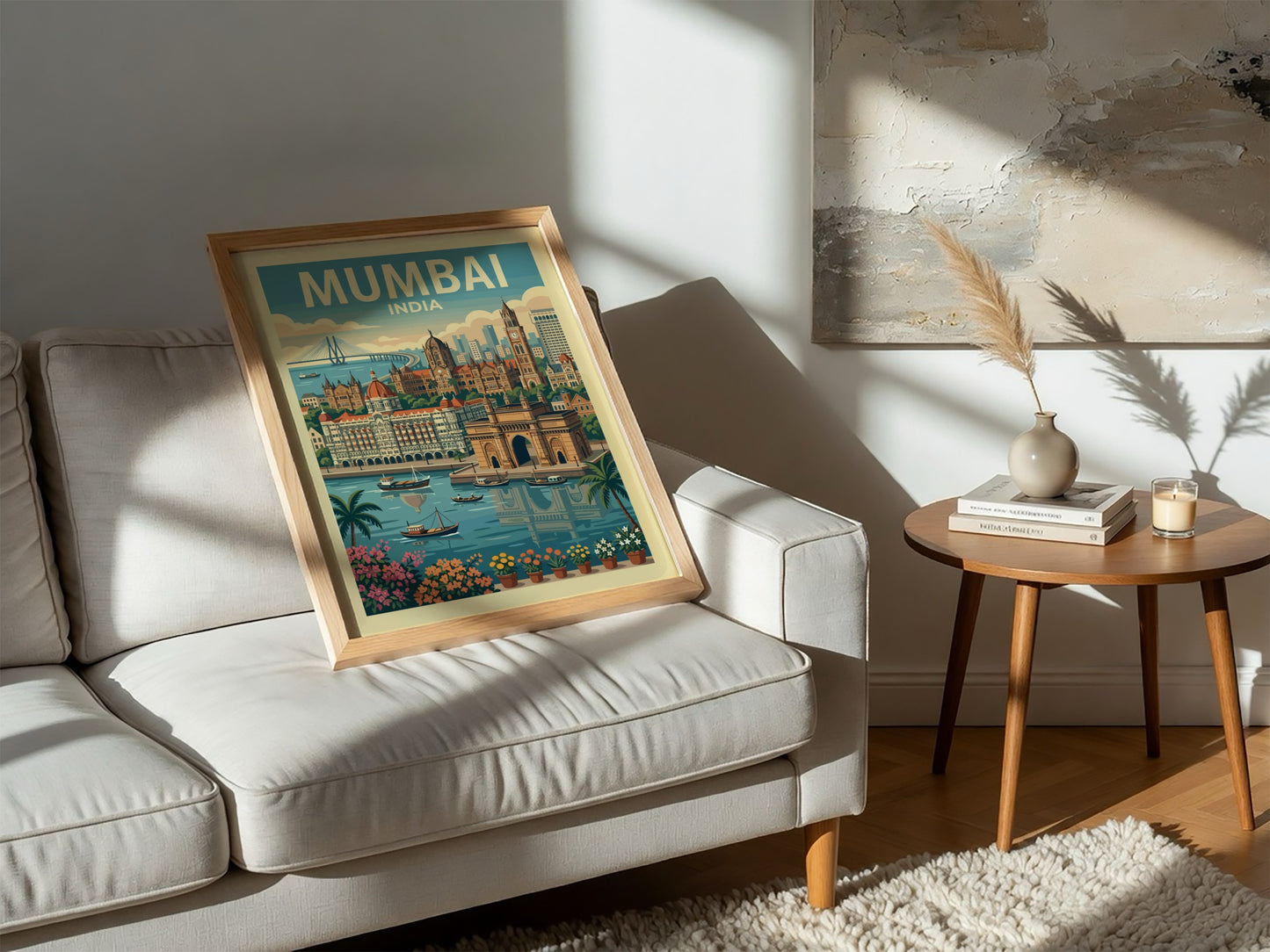 Mumbai India vintage travel poster with Gateway of India illustration, green and blue palette.