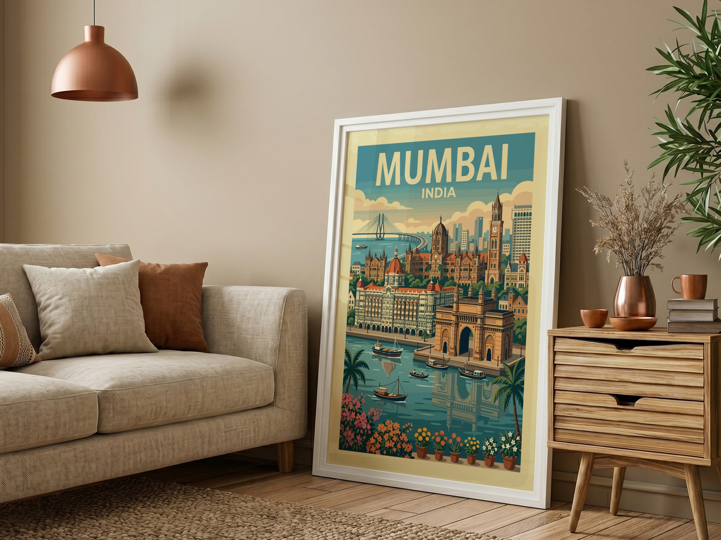 Mumbai India vintage travel poster with Gateway of India illustration, green and blue palette.