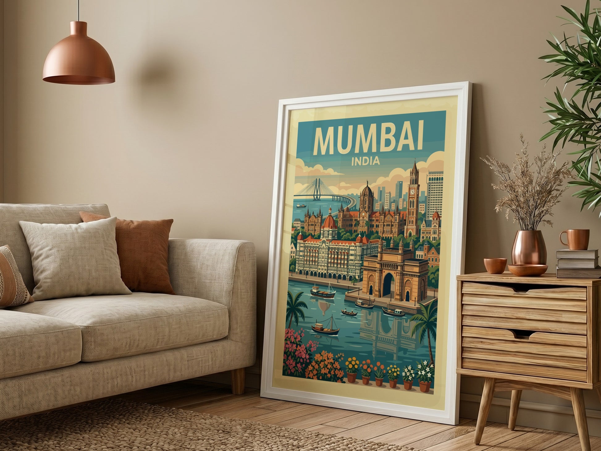 Mumbai India vintage travel poster with Gateway of India illustration, green and blue palette.