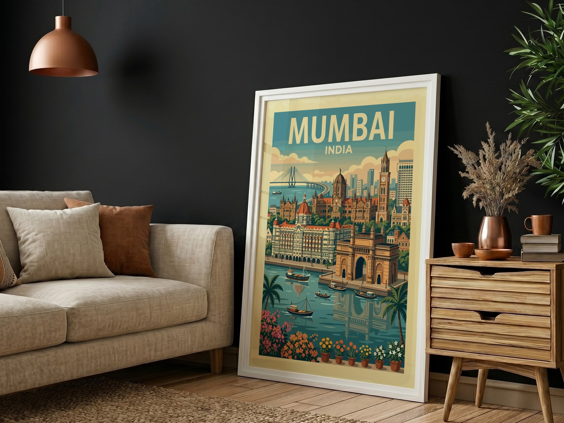 Mumbai India vintage travel poster with Gateway of India illustration, green and blue palette.
