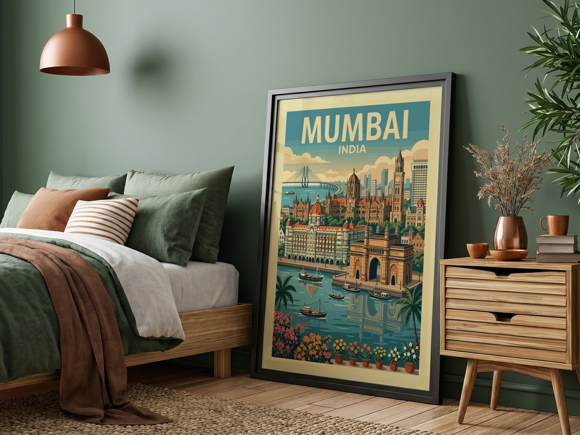 Mumbai India vintage travel poster with Gateway of India illustration, green and blue palette.