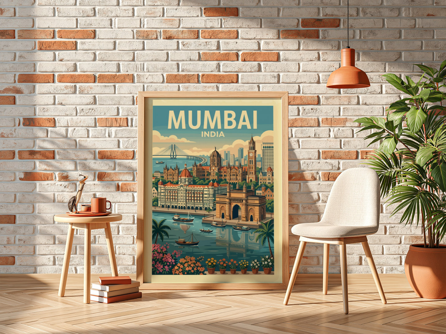 Mumbai India vintage travel poster with Gateway of India illustration, green and blue palette.