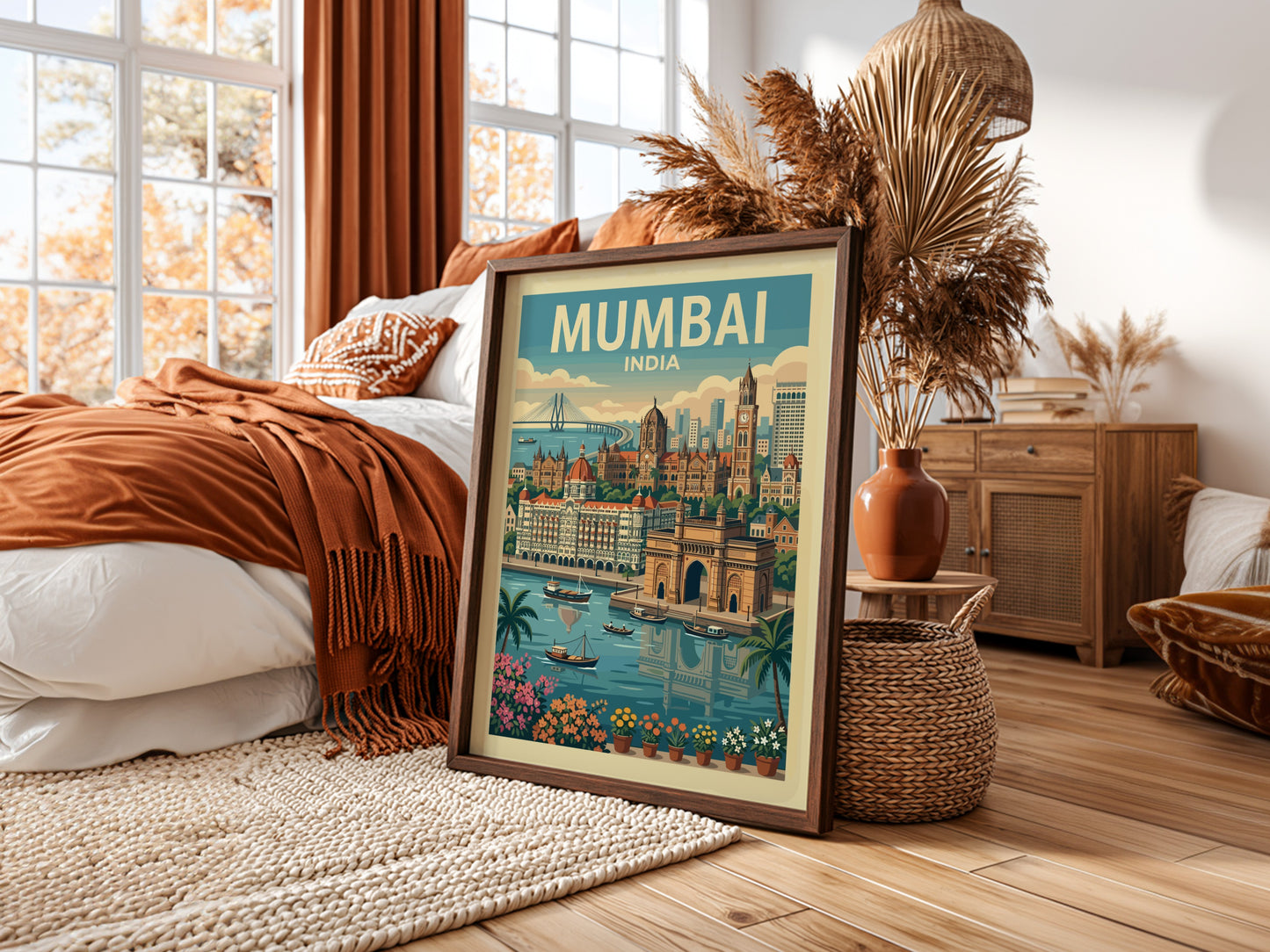 Mumbai India vintage travel poster with Gateway of India illustration, green and blue palette.