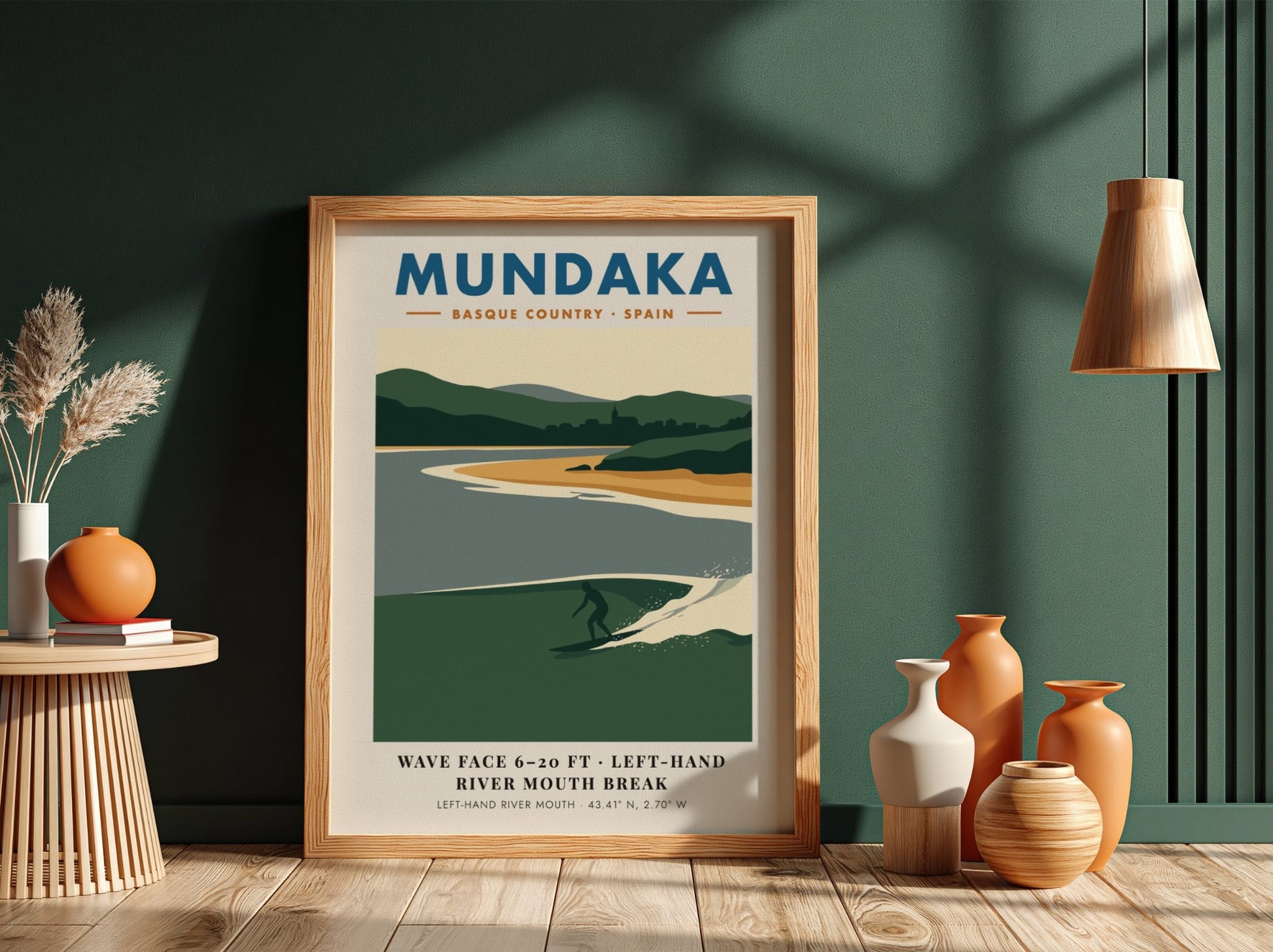 Mundaka Basque Country travel poster featuring a lone surfer on a green wave