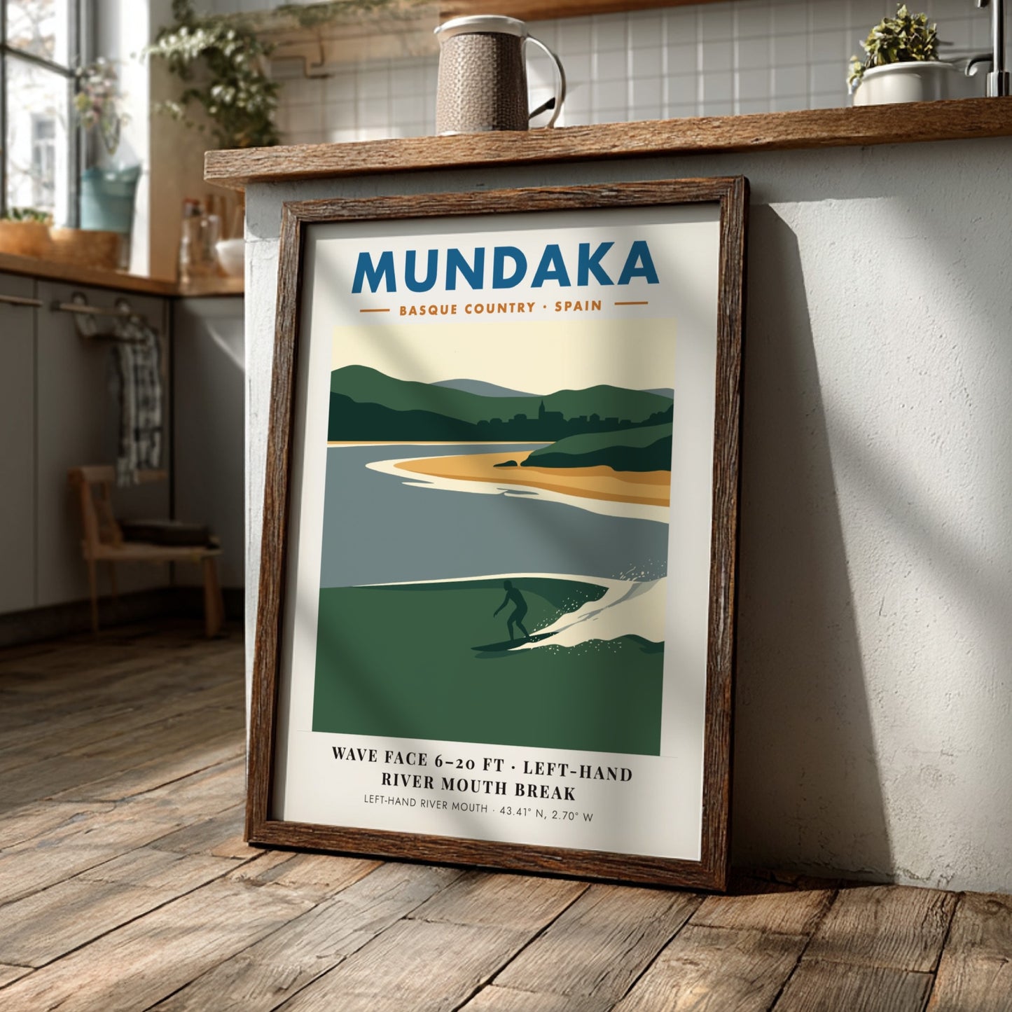 Mundaka Basque Country travel poster featuring a lone surfer on a green wave