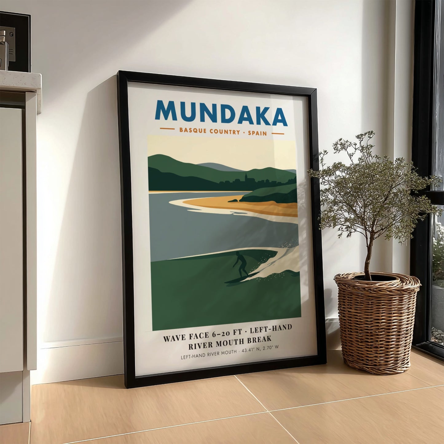 Mundaka Basque Country travel poster featuring a lone surfer on a green wave