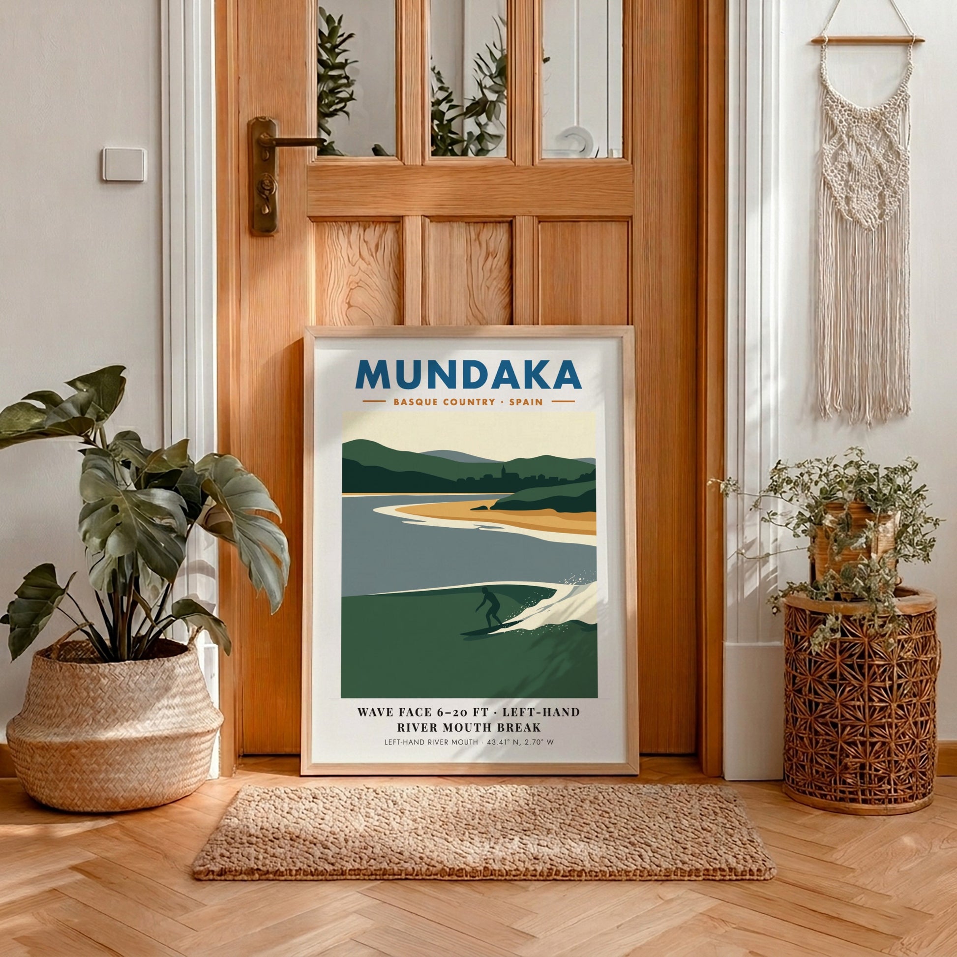 Mundaka Basque Country travel poster featuring a lone surfer on a green wave