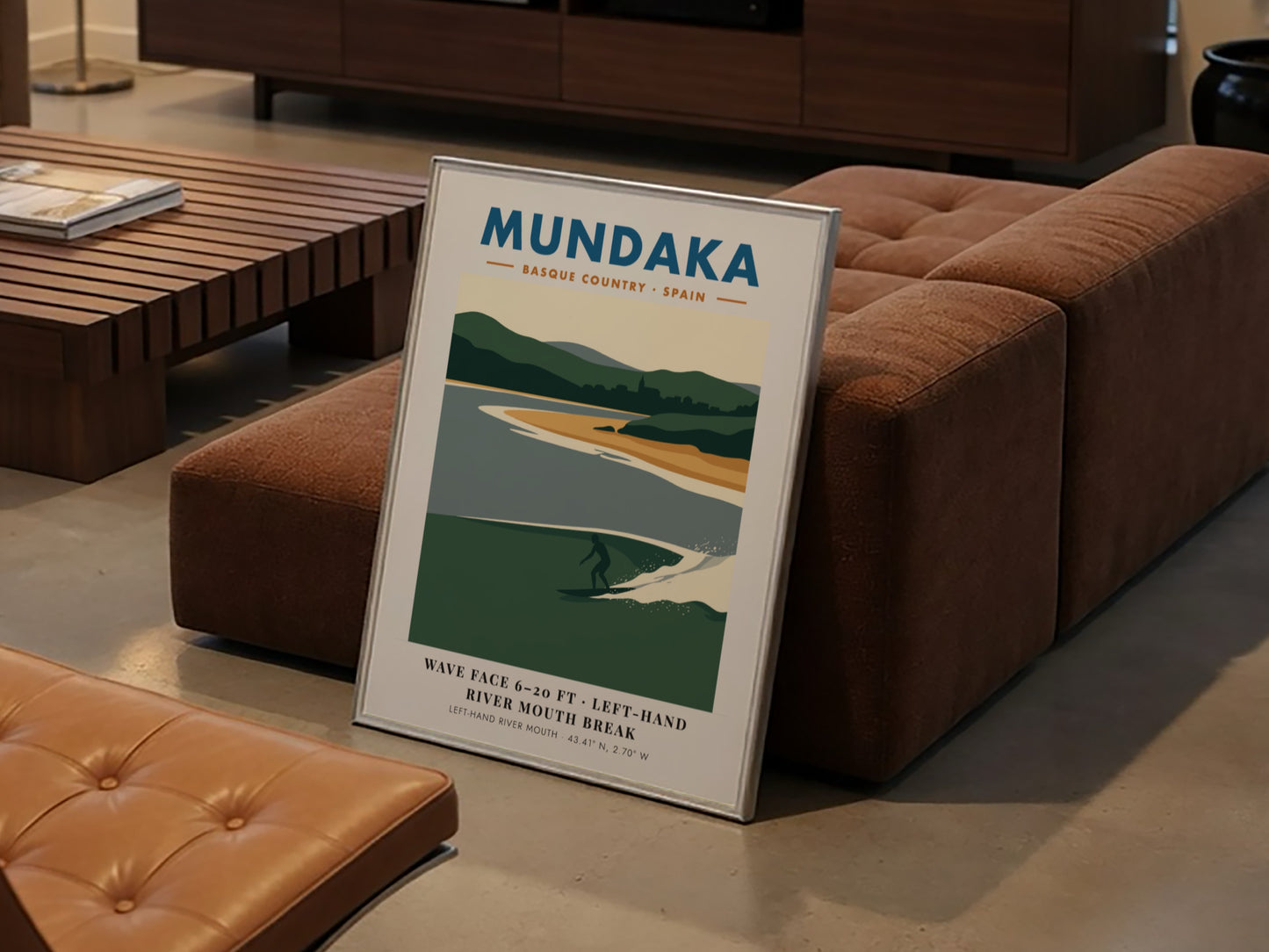 Mundaka Basque Country travel poster featuring a lone surfer on a green wave