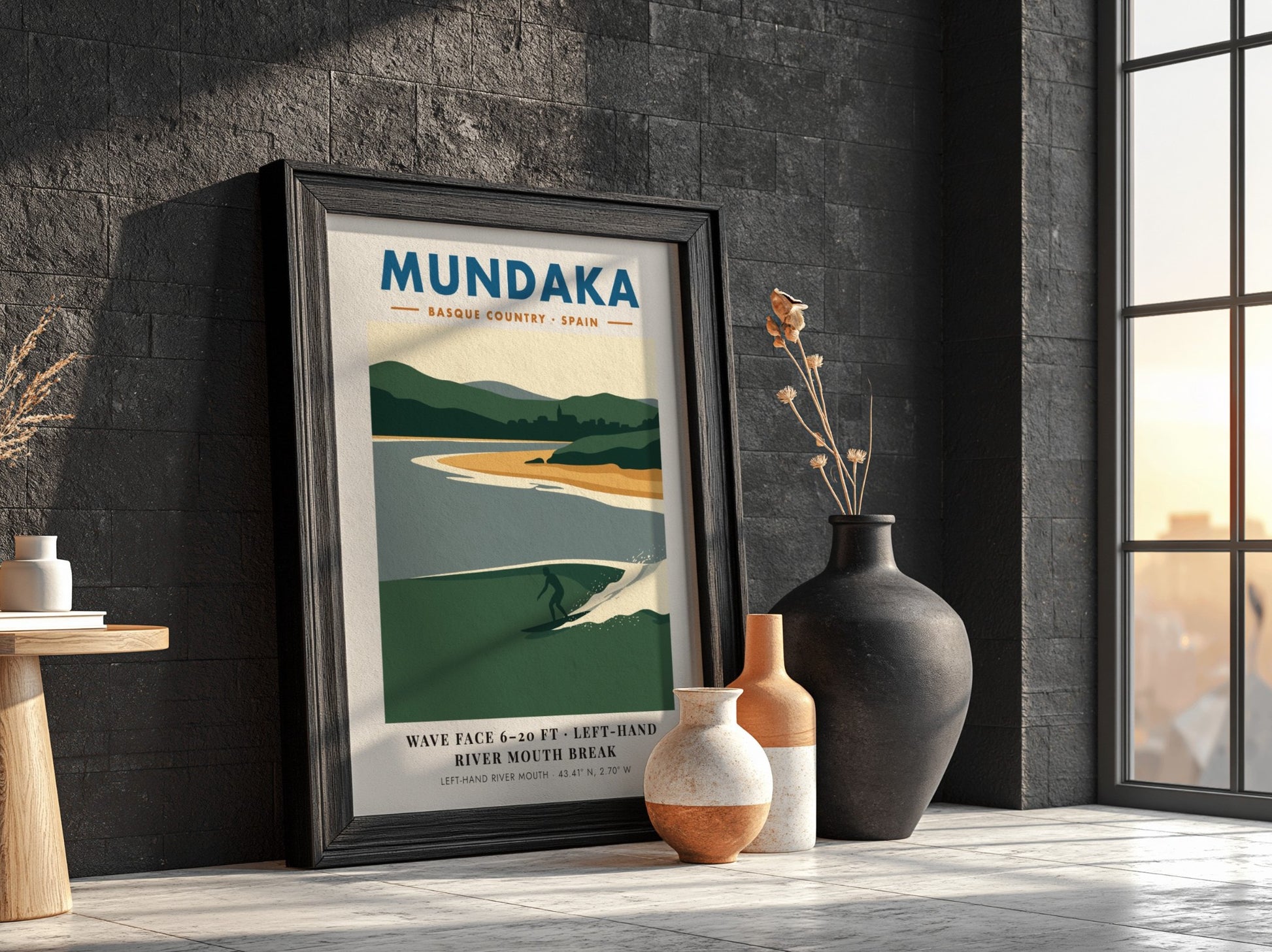 Mundaka Basque Country travel poster featuring a lone surfer on a green wave