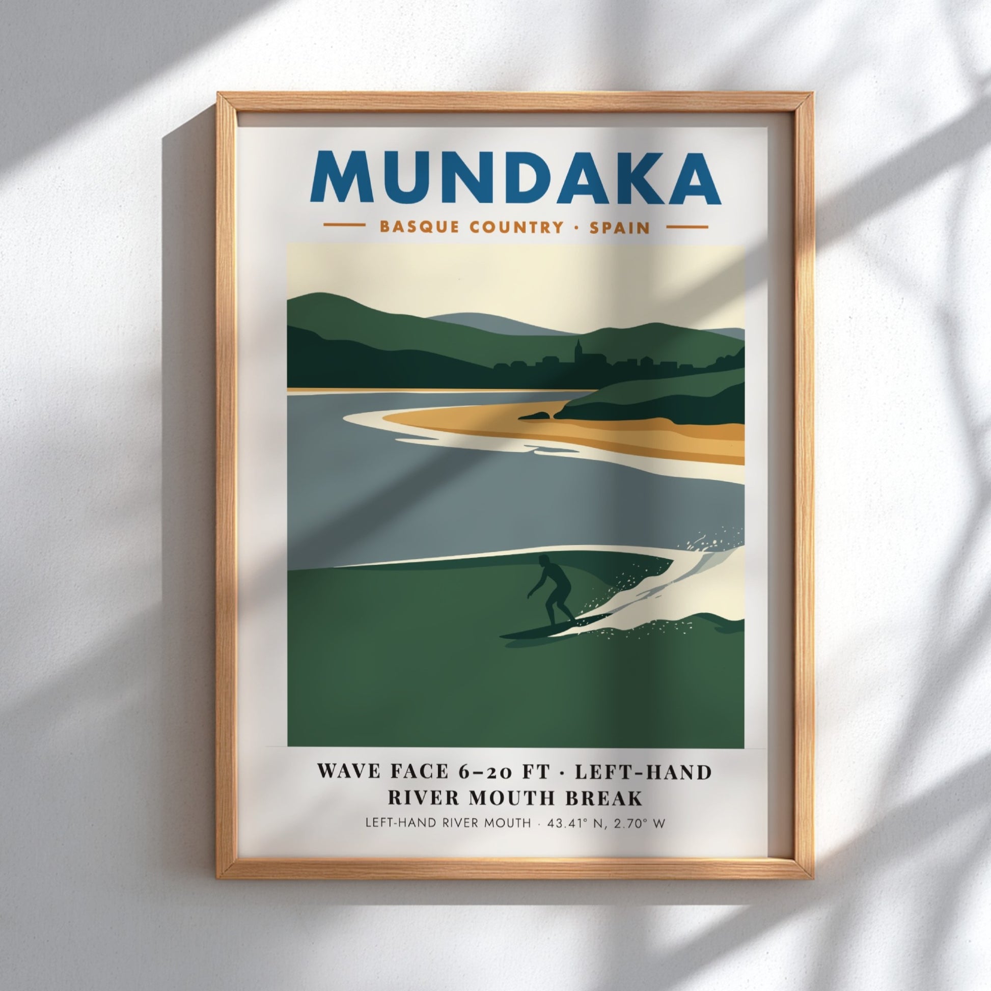 Mundaka Basque Country travel poster featuring a lone surfer on a green wave
