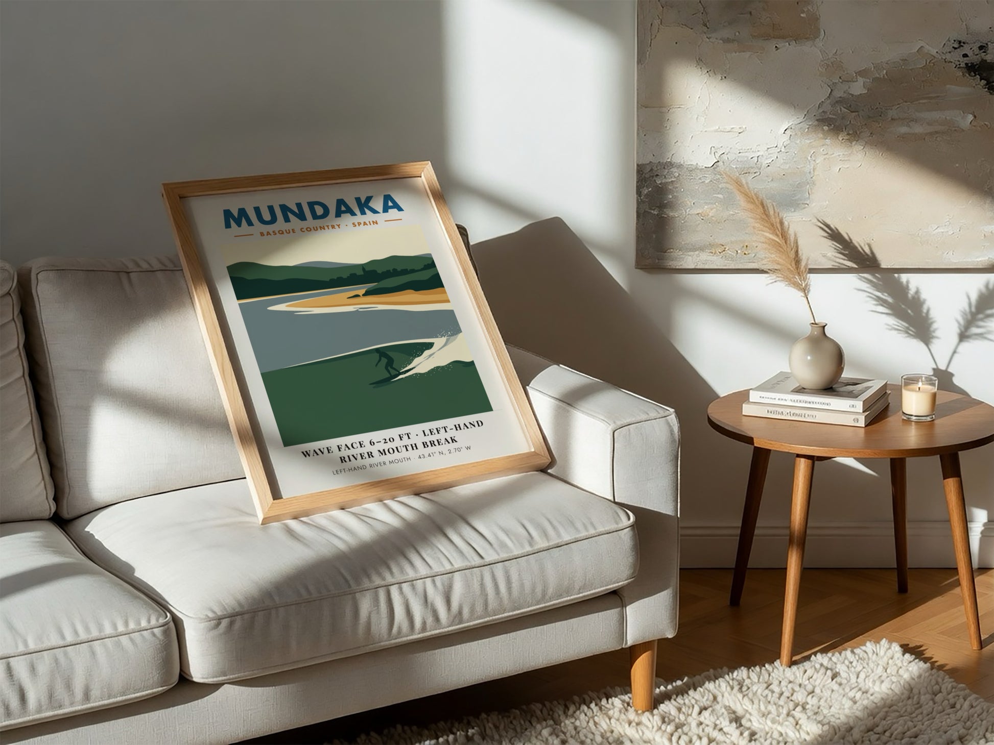 Mundaka Basque Country travel poster featuring a lone surfer on a green wave