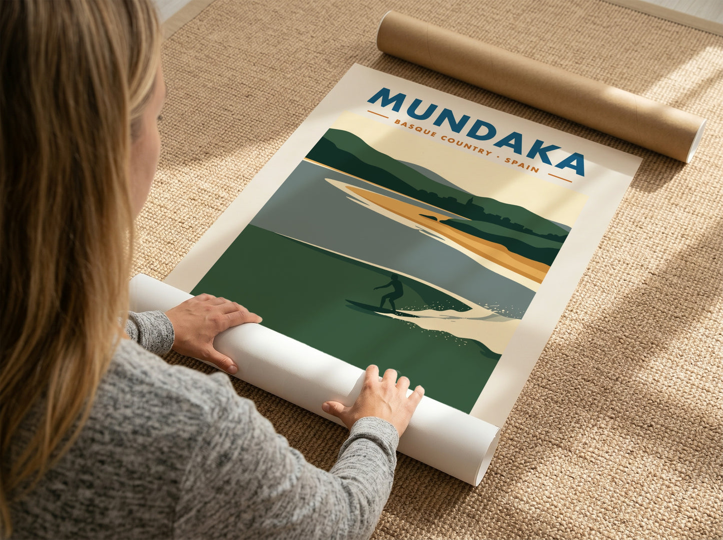 Mundaka Basque Country travel poster featuring a lone surfer on a green wave