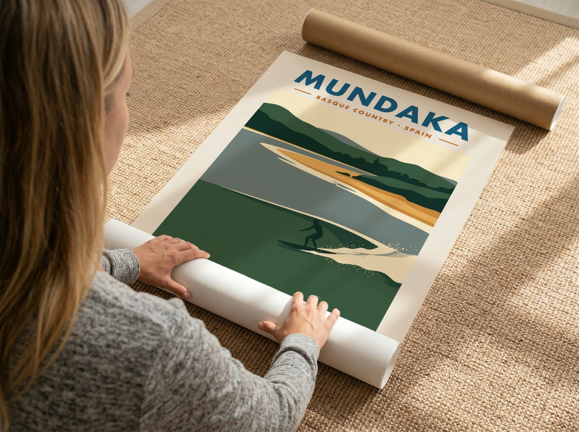 Mundaka Basque Country travel poster featuring a lone surfer on a green wave