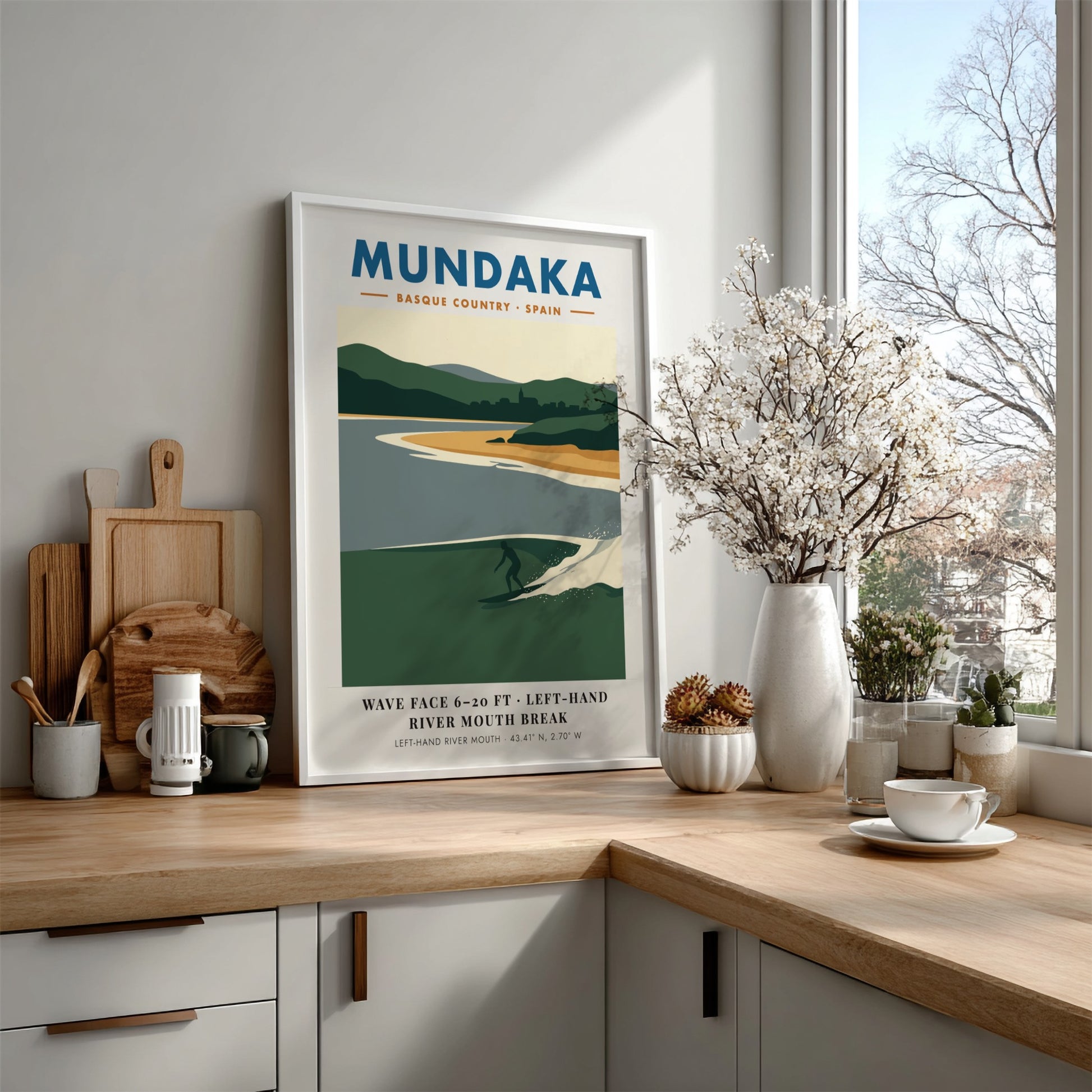 Mundaka Basque Country travel poster featuring a lone surfer on a green wave
