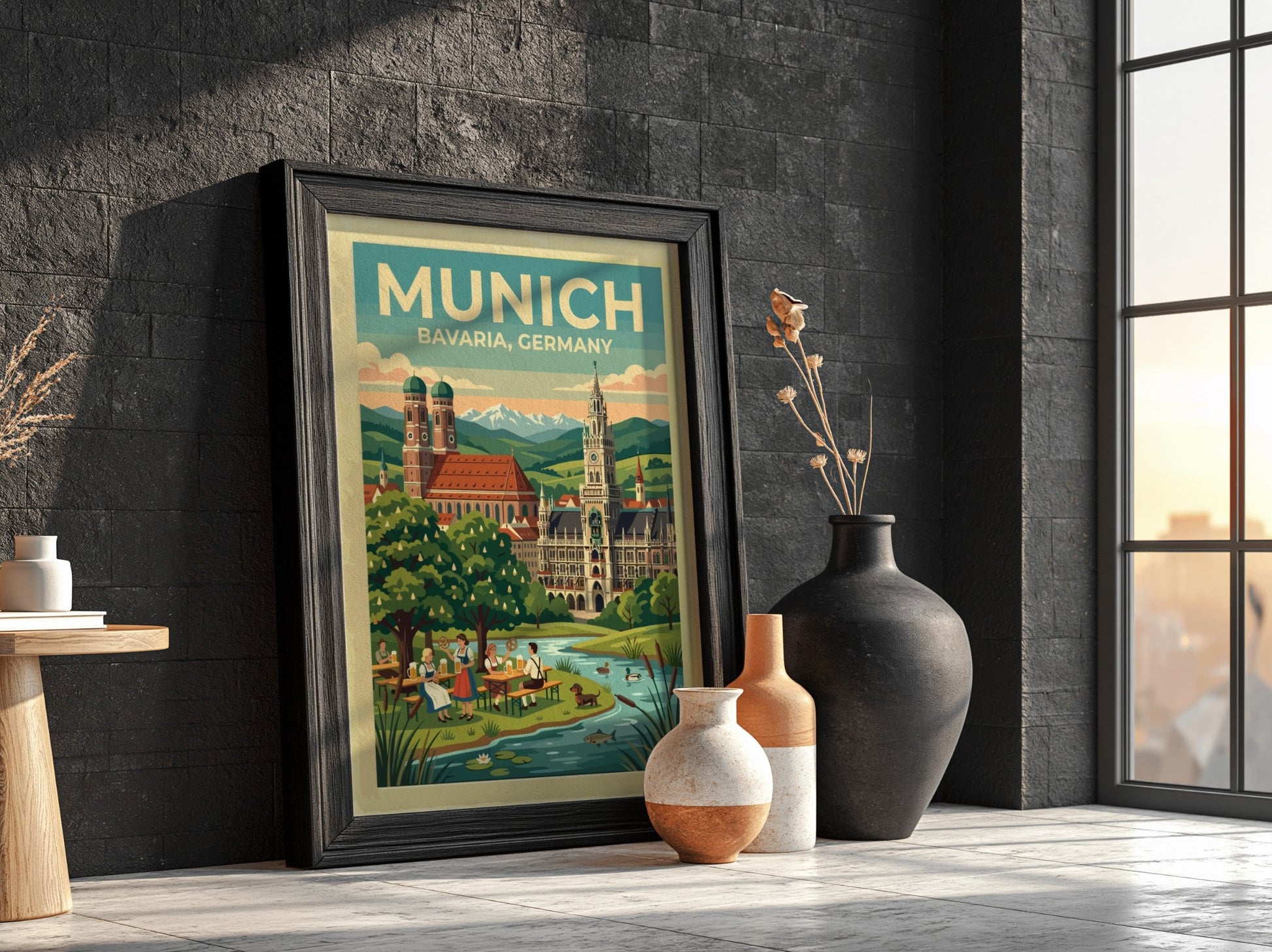 Travel poster of Munich Bavaria Germany featuring historic spires and a scenic beer garden