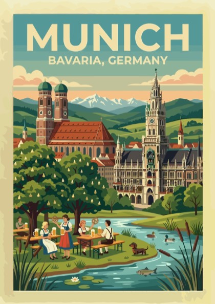 Travel poster of Munich Bavaria Germany featuring historic spires and a scenic beer garden