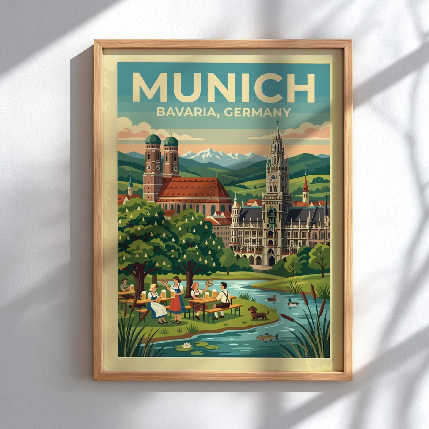 Travel poster of Munich Bavaria Germany featuring historic spires and a scenic beer garden