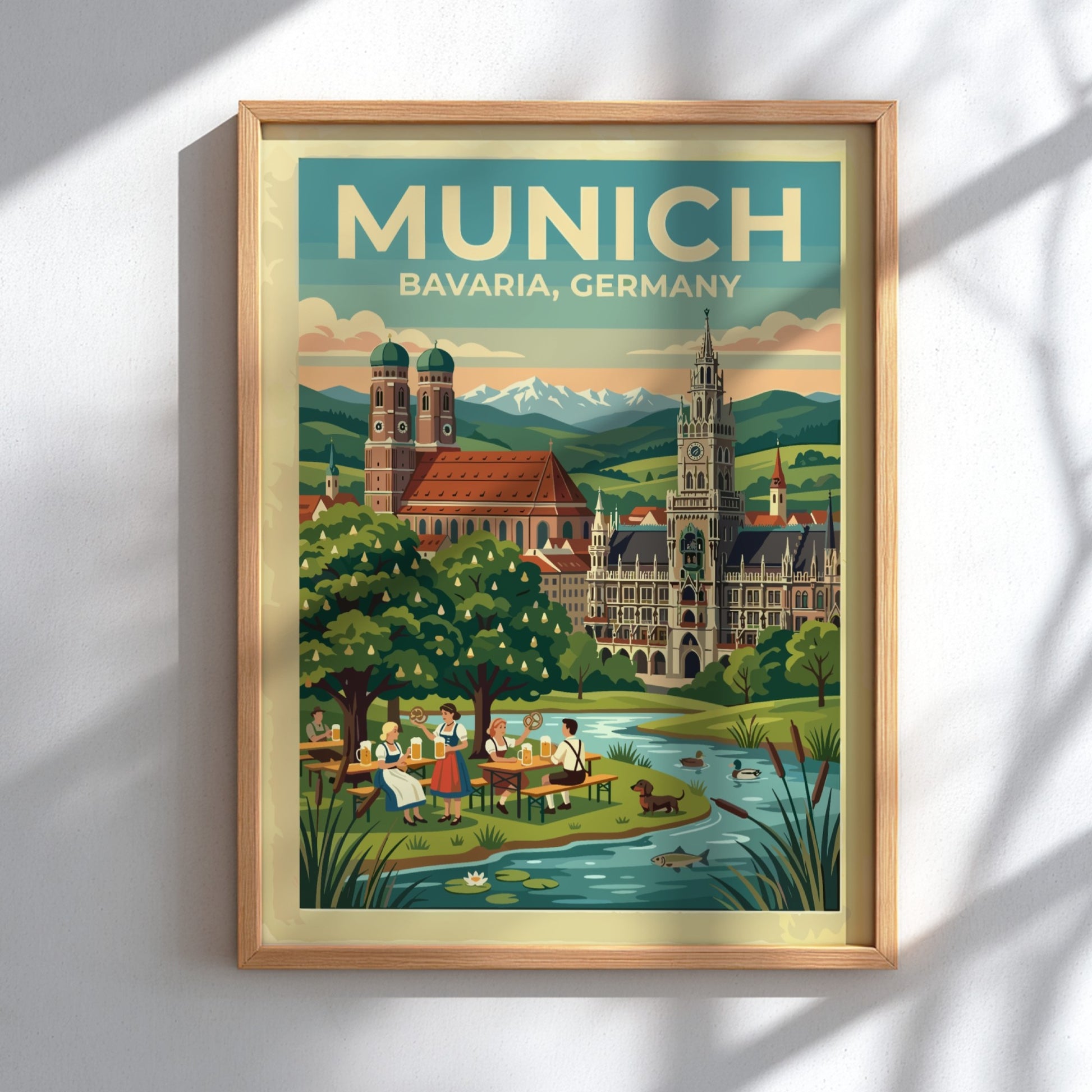 Travel poster of Munich Bavaria Germany featuring historic spires and a scenic beer garden