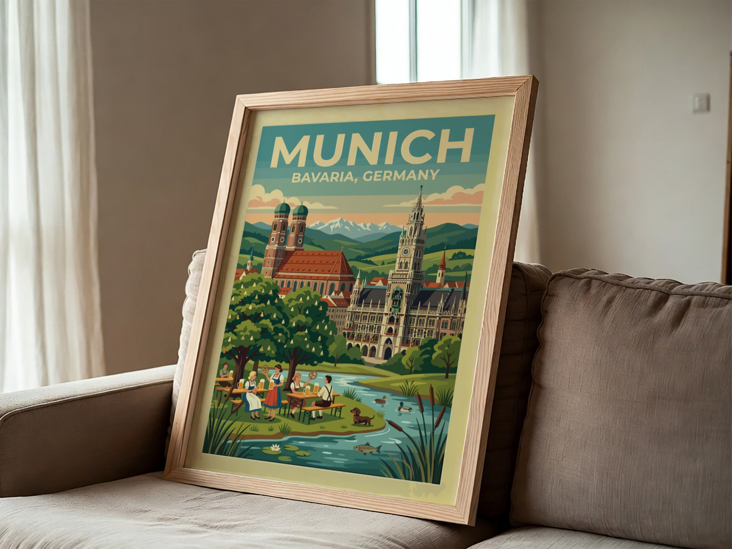 Travel poster of Munich Bavaria Germany featuring historic spires and a scenic beer garden