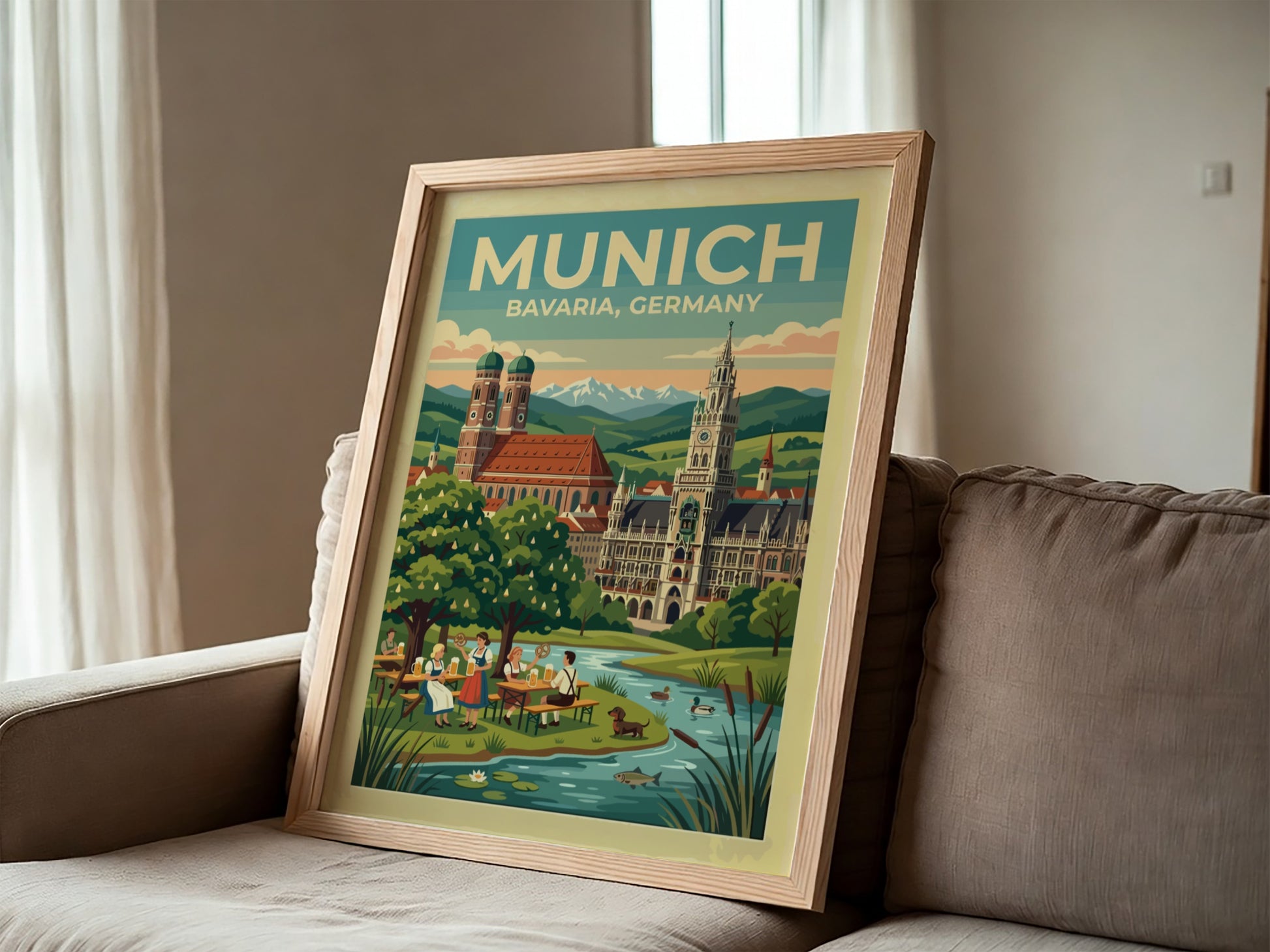 Travel poster of Munich Bavaria Germany featuring historic spires and a scenic beer garden