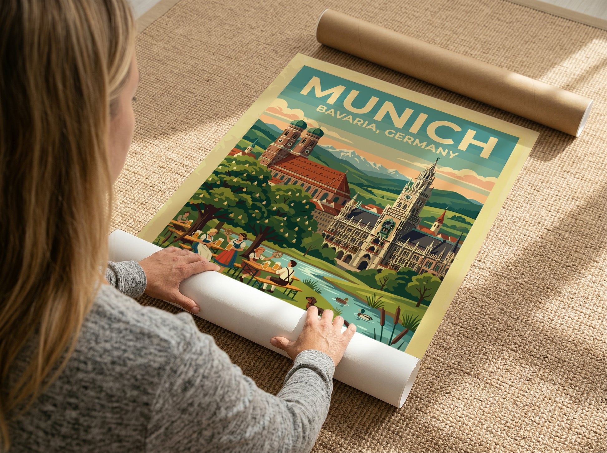 Travel poster of Munich Bavaria Germany featuring historic spires and a scenic beer garden