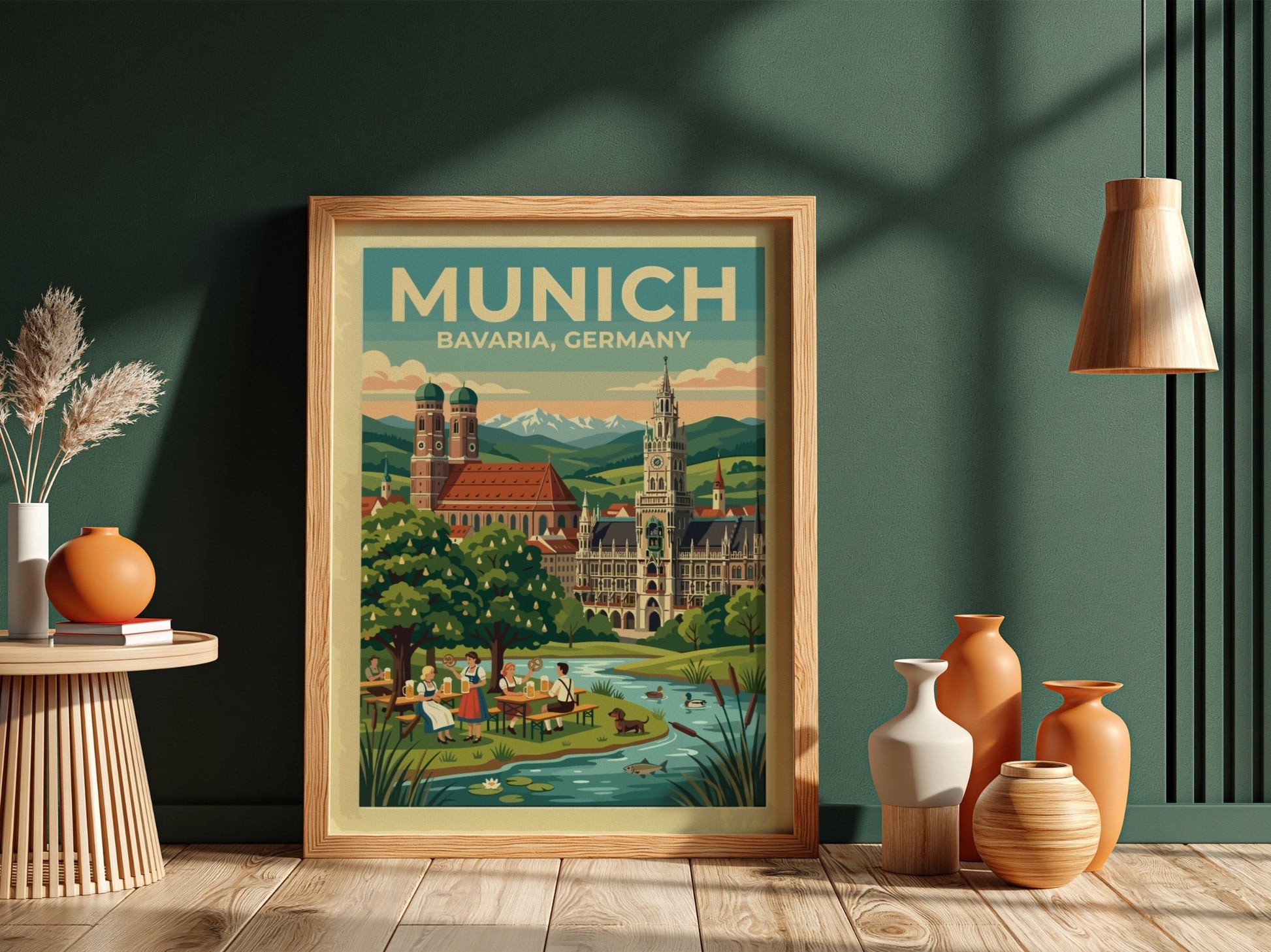 Travel poster of Munich Bavaria Germany featuring historic spires and a scenic beer garden