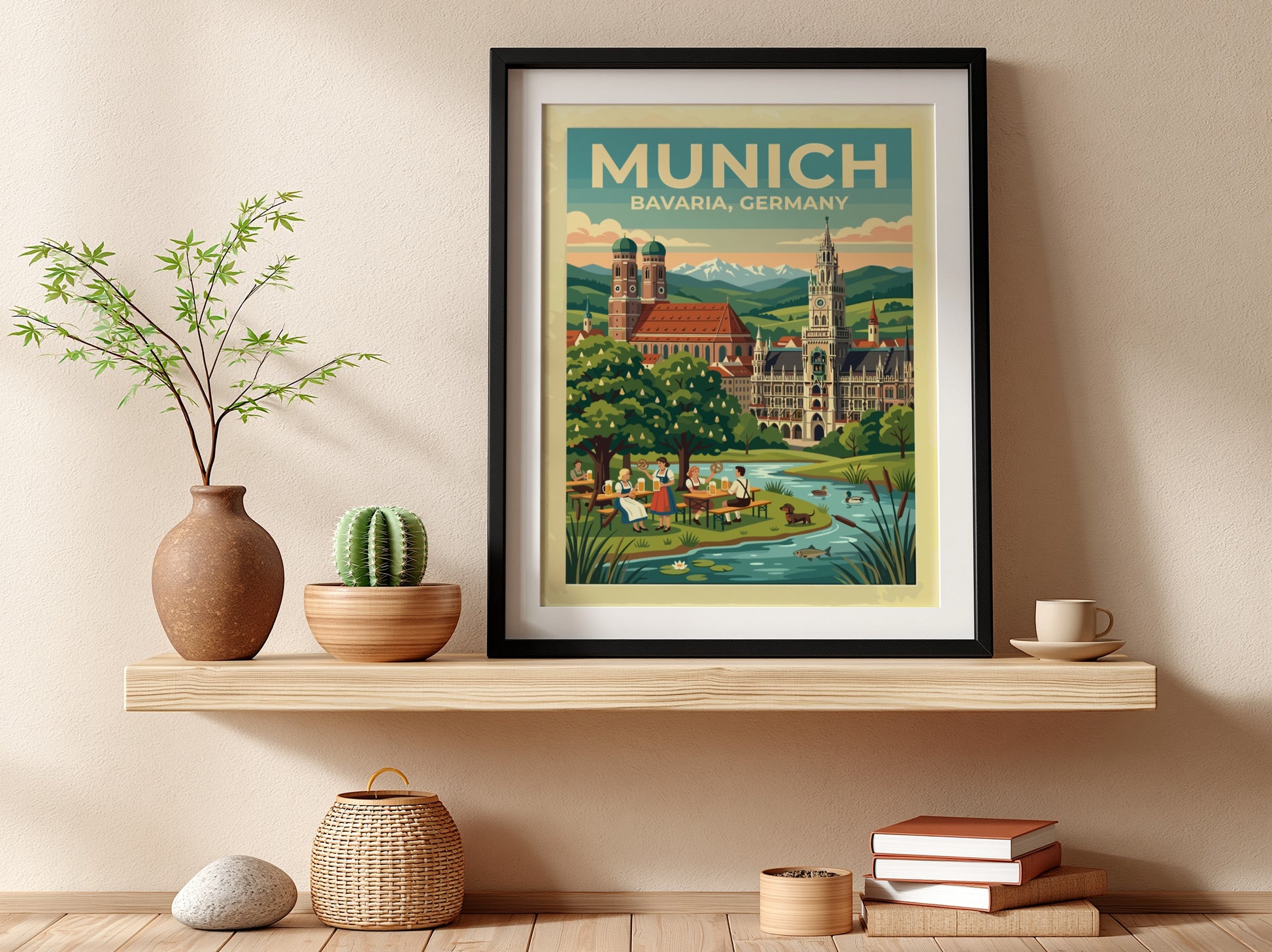 Travel poster of Munich Bavaria Germany featuring historic spires and a scenic beer garden