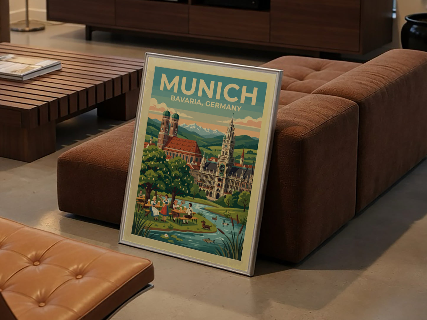 Travel poster of Munich Bavaria Germany featuring historic spires and a scenic beer garden