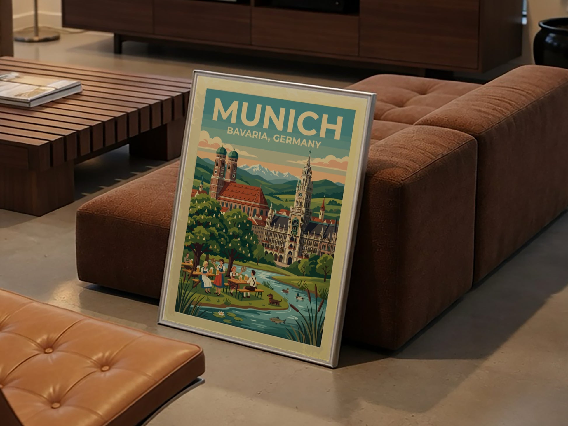 Travel poster of Munich Bavaria Germany featuring historic spires and a scenic beer garden