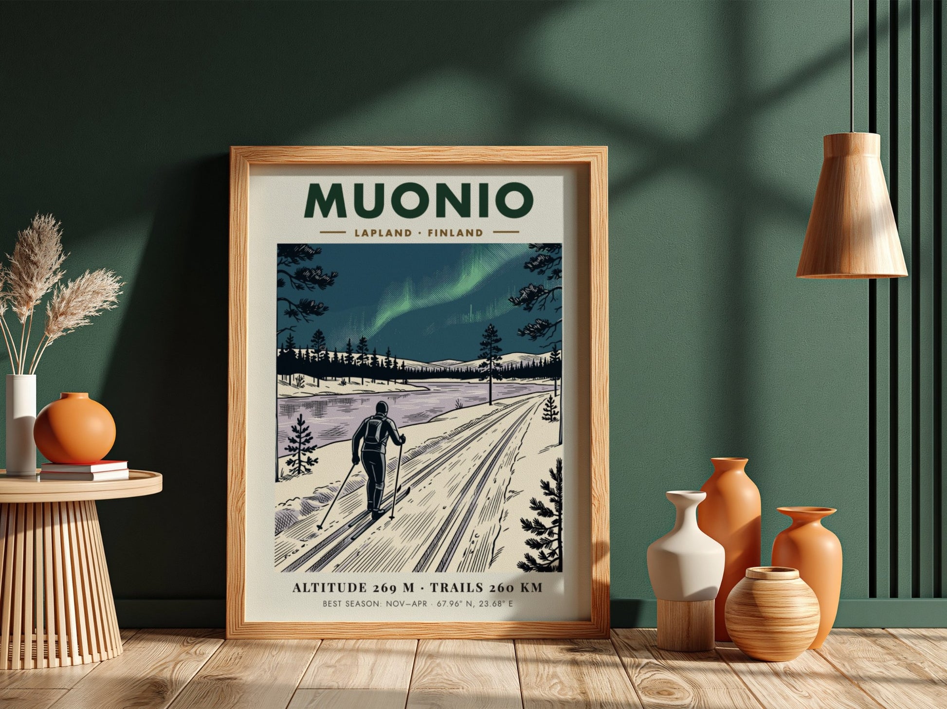 Poster of a cross-country skier in Muonio Lapland under the green northern lights